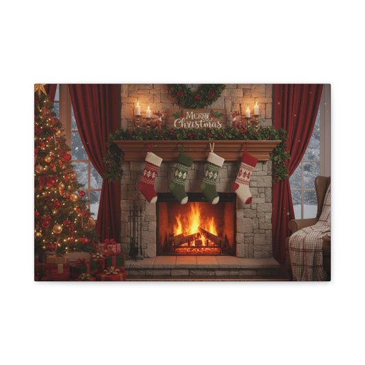 Christmas Fireplace Canvas Wall Art — 'Merry Christmas' Holiday Mantel Scene