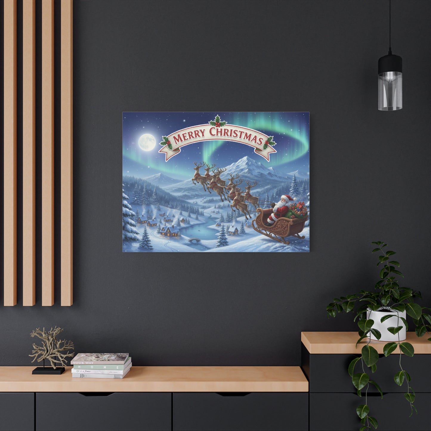 Merry Christmas Canvas Wall Art — Santa Sleigh over Snowy Village