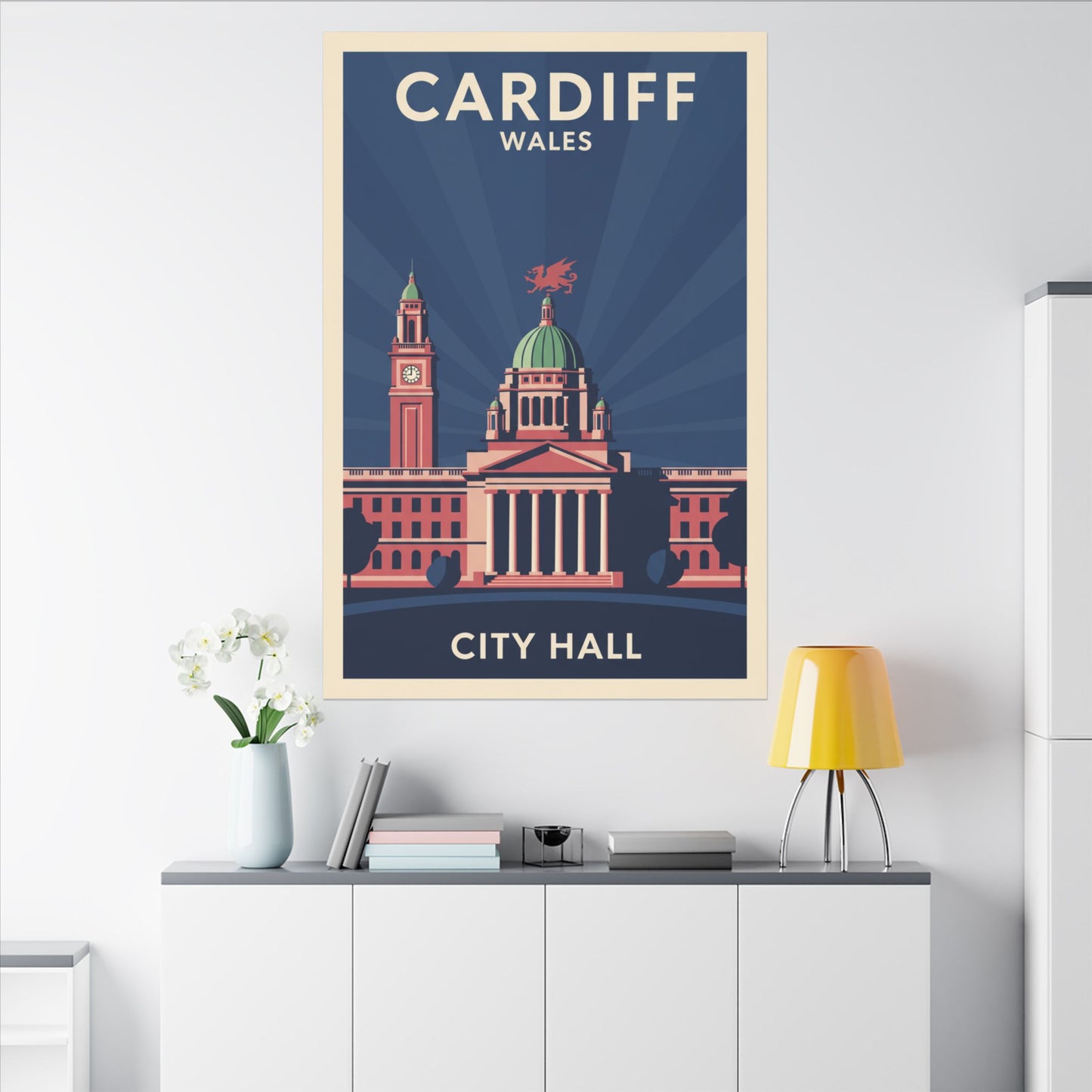 Cardiff City Hall Matte Canvas Wall Art — Vintage Wales Travel Poster