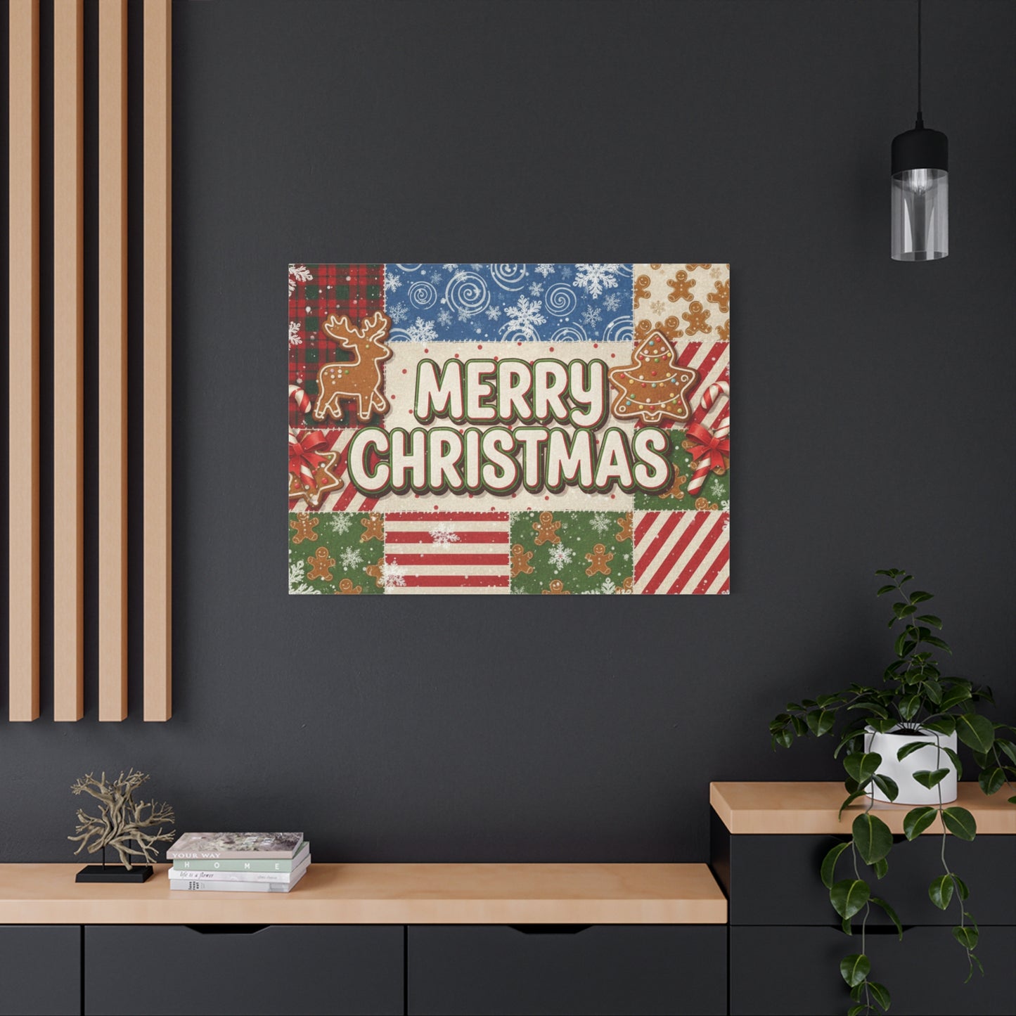 Merry Christmas Holiday Patchwork Canvas Wall Art — Festive Gingerbread & Reindeer