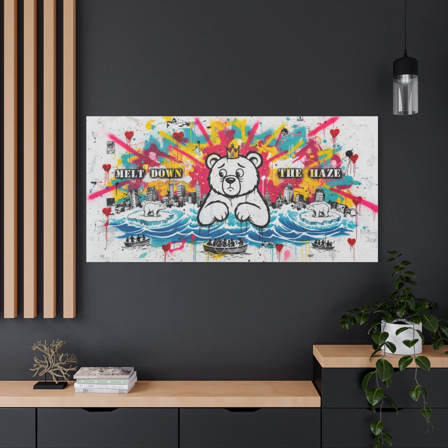 Graffiti Teddy Bear Canvas Art — "Melt Down the Haze" Stretched Matte Print
