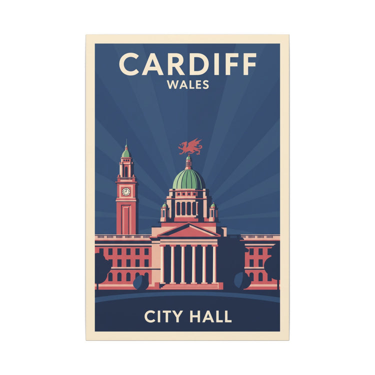 Vintage-inspired Cardiff City Hall wall art representing the Welsh Wall Art collection