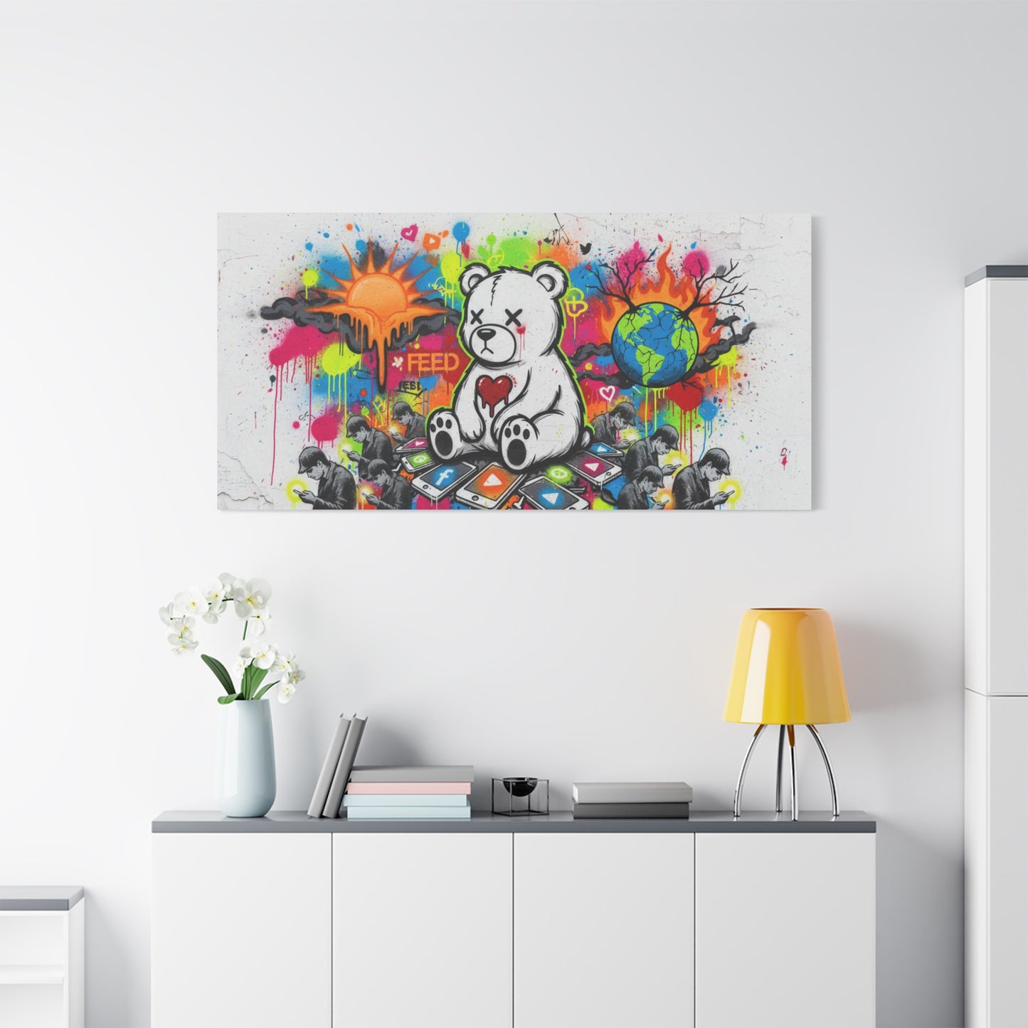 Graffiti Teddy Bear Matte Canvas Wall Art — Colourful Urban Pop Street Art Print