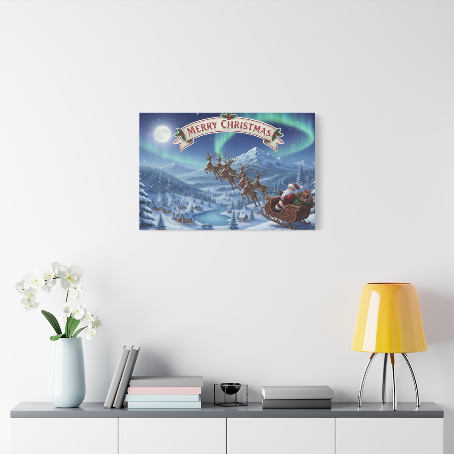 Merry Christmas Canvas Wall Art — Santa Sleigh over Snowy Village