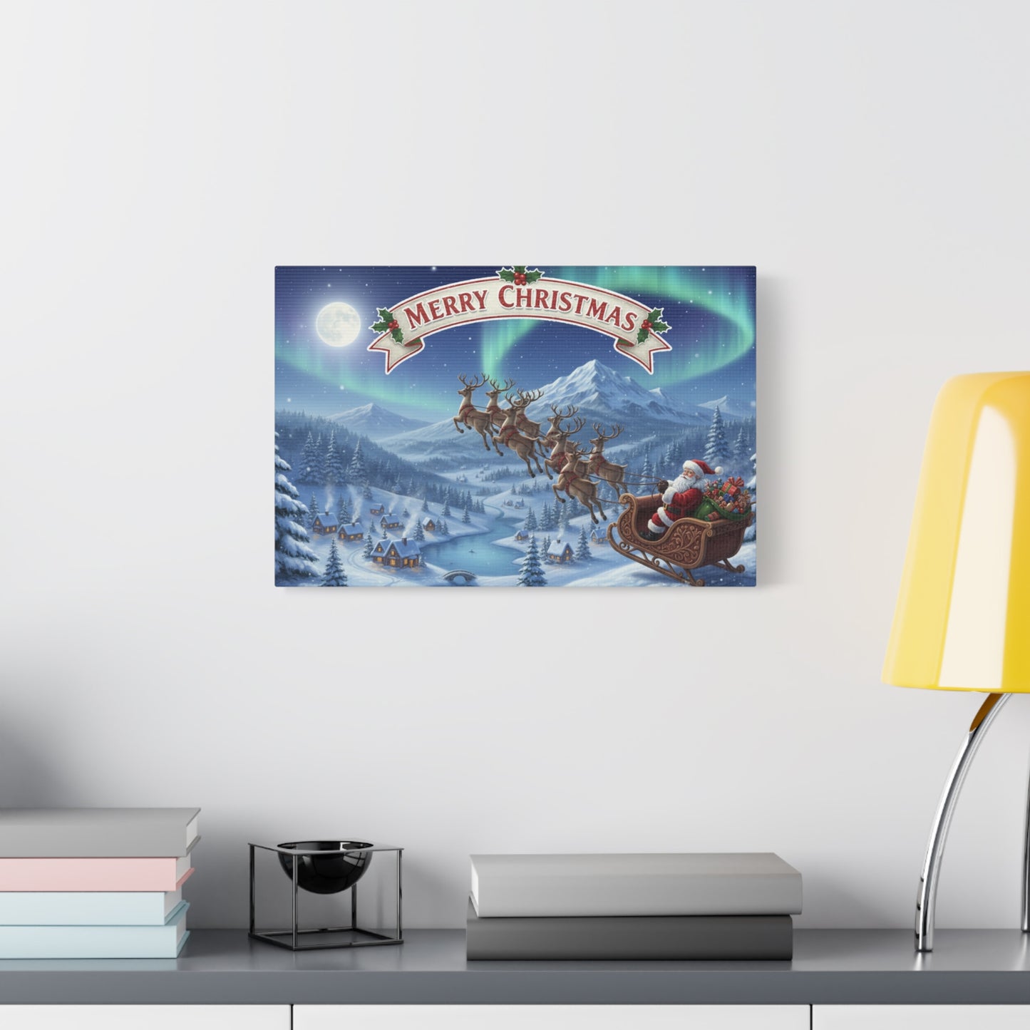 Merry Christmas Canvas Wall Art — Santa Sleigh over Snowy Village