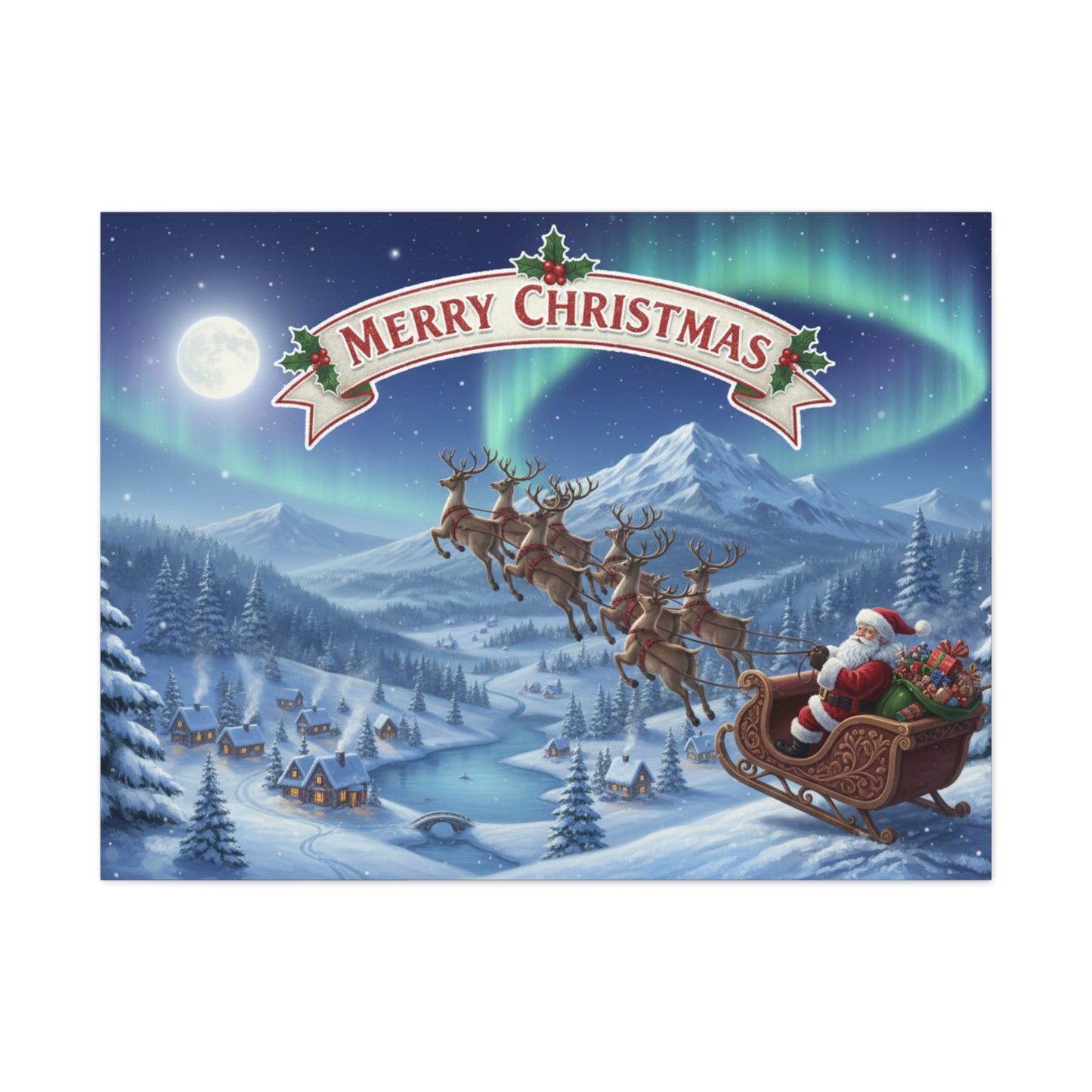 Merry Christmas Canvas Wall Art — Santa Sleigh over Snowy Village