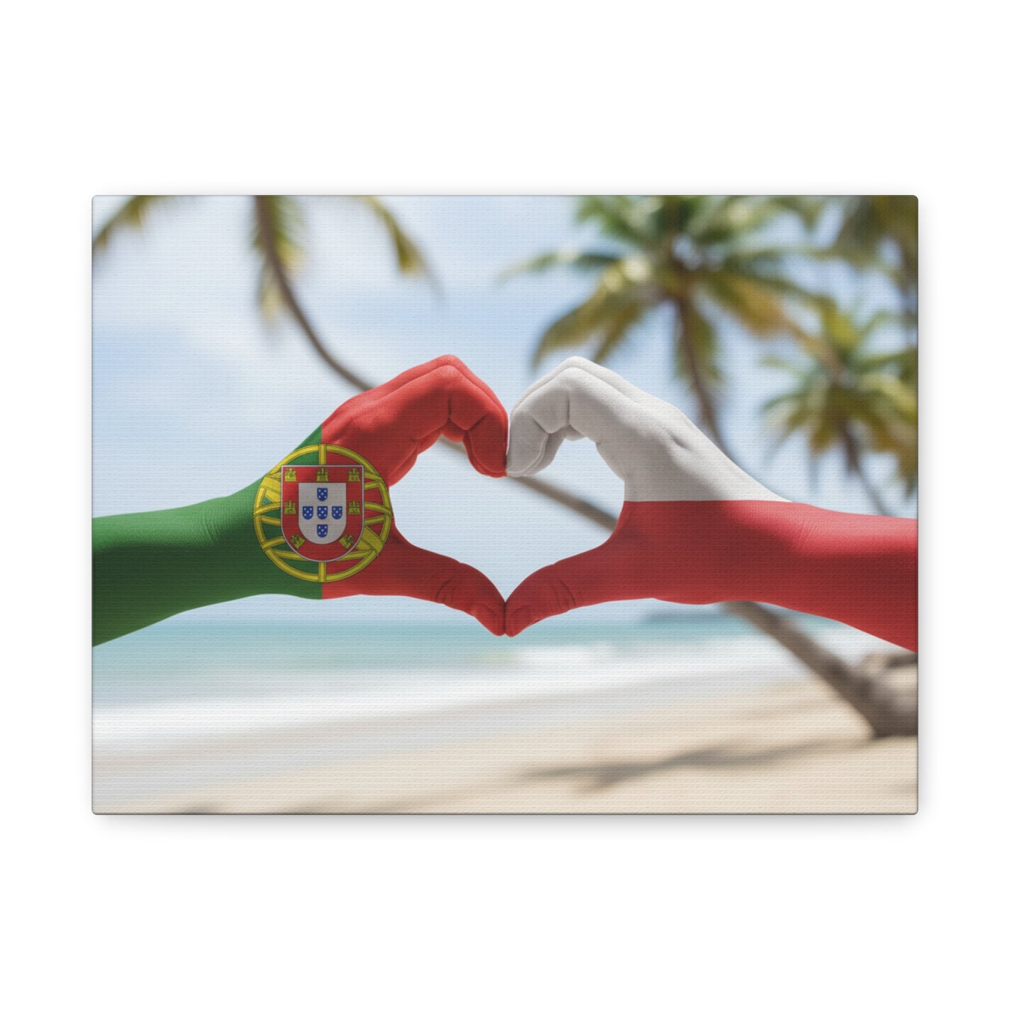 Portugal & Polish Flag Heart Canvas Print — Beach-Inspired Matte Stretched Wall Art