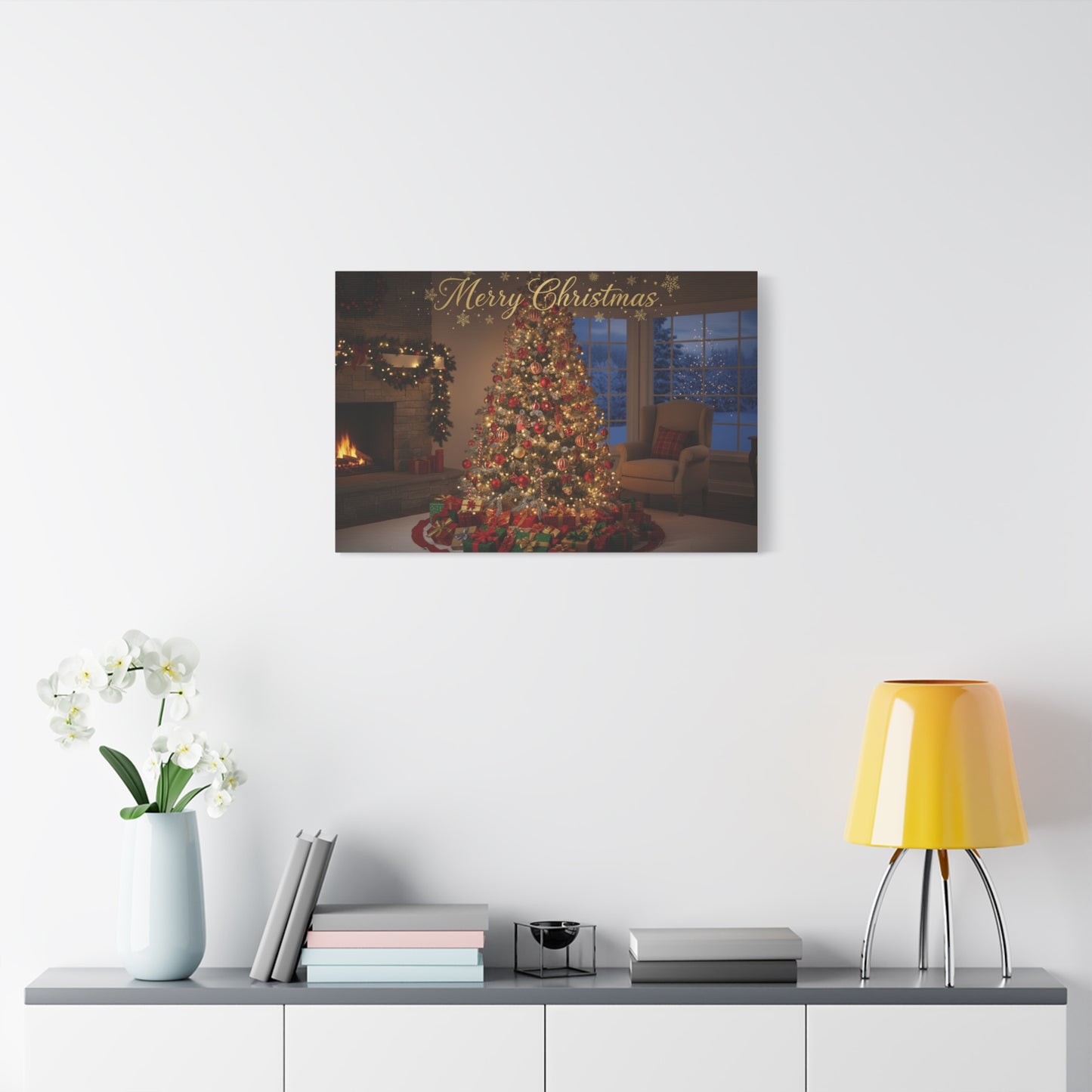 Merry Christmas Holiday Canvas Wall Art — Festive Living Room Christmas Tree Print