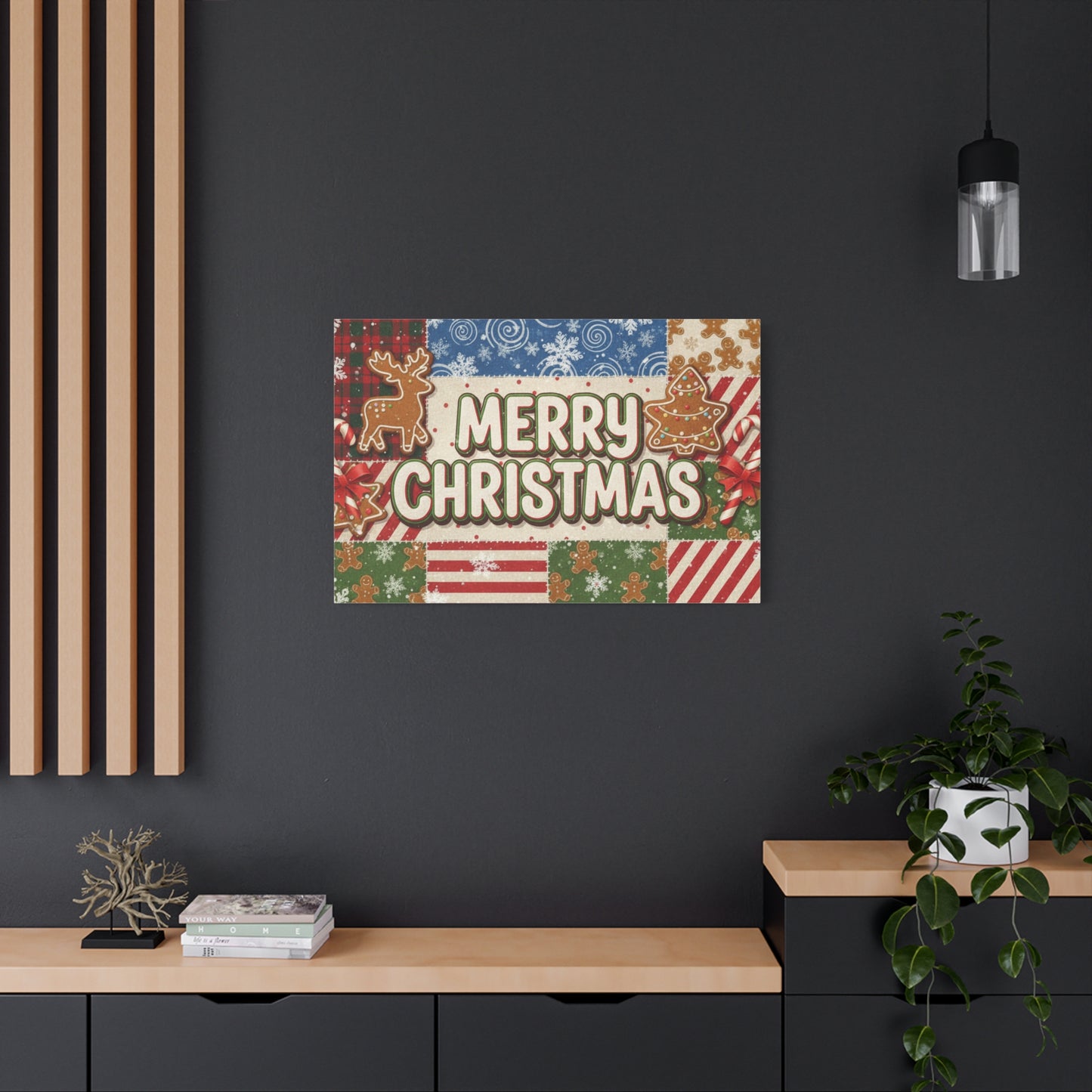 Merry Christmas Holiday Patchwork Canvas Wall Art — Festive Gingerbread & Reindeer