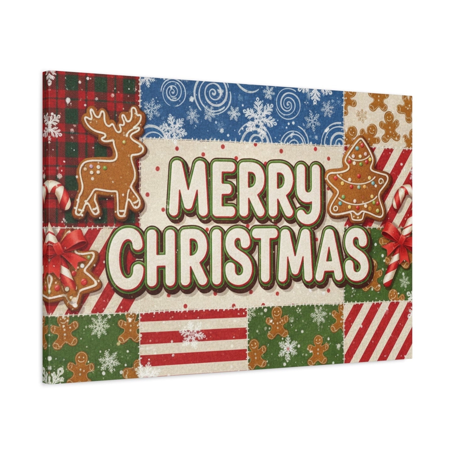 Merry Christmas Holiday Patchwork Canvas Wall Art — Festive Gingerbread & Reindeer