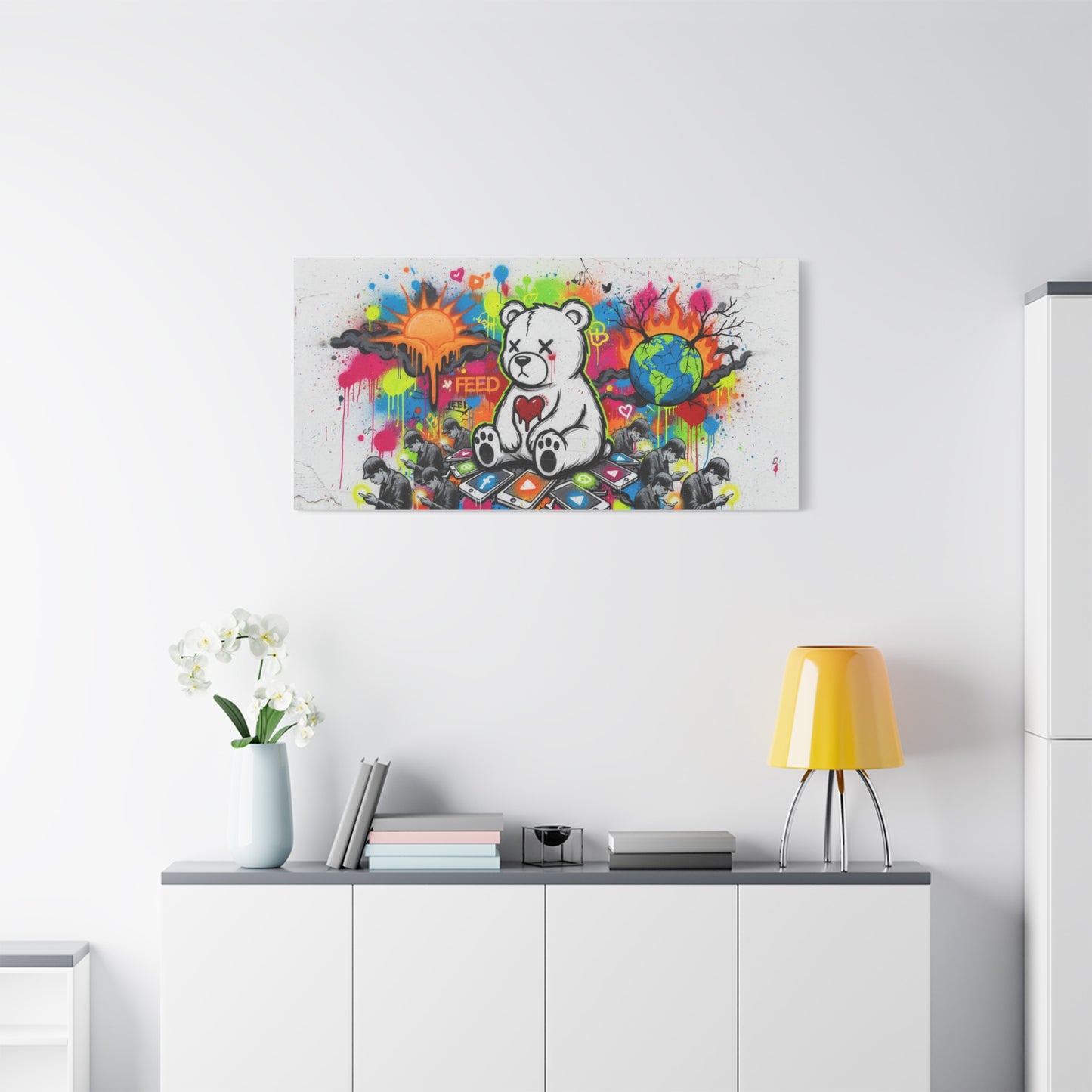 Graffiti Teddy Bear Matte Canvas Wall Art — Colourful Urban Pop Street Art Print