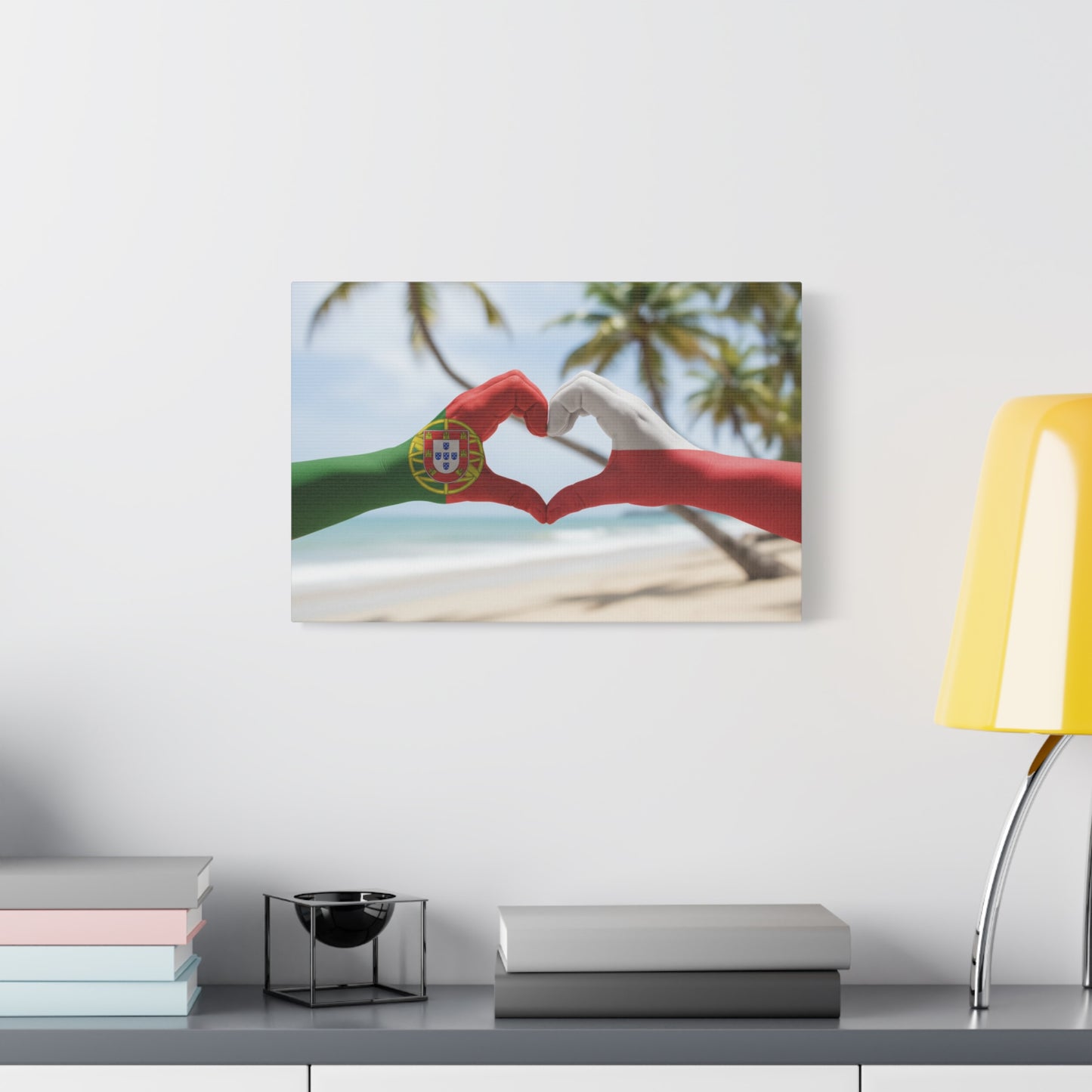 Portugal & Polish Flag Heart Canvas Print — Beach-Inspired Matte Stretched Wall Art