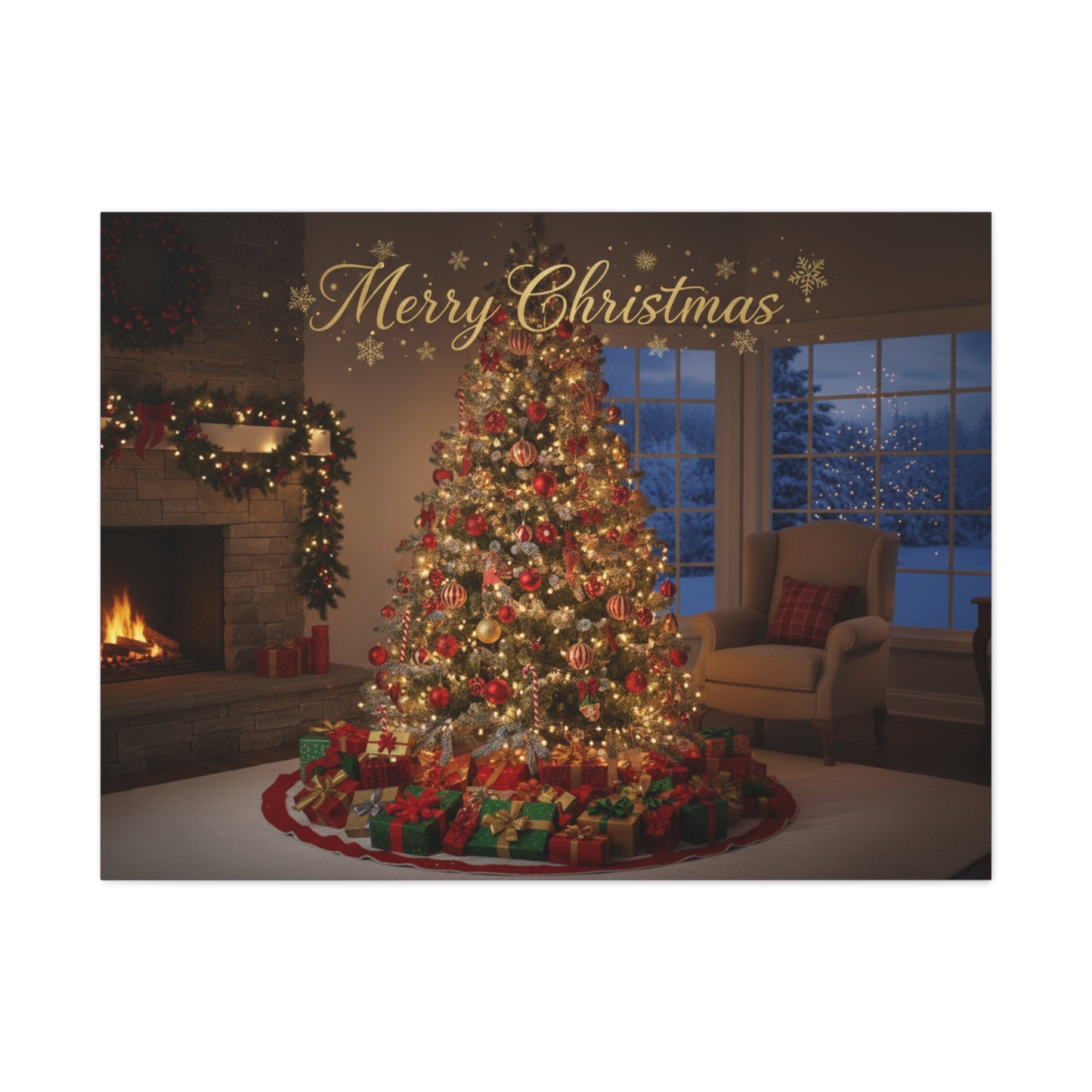 Merry Christmas Holiday Canvas Wall Art — Festive Living Room Christmas Tree Print
