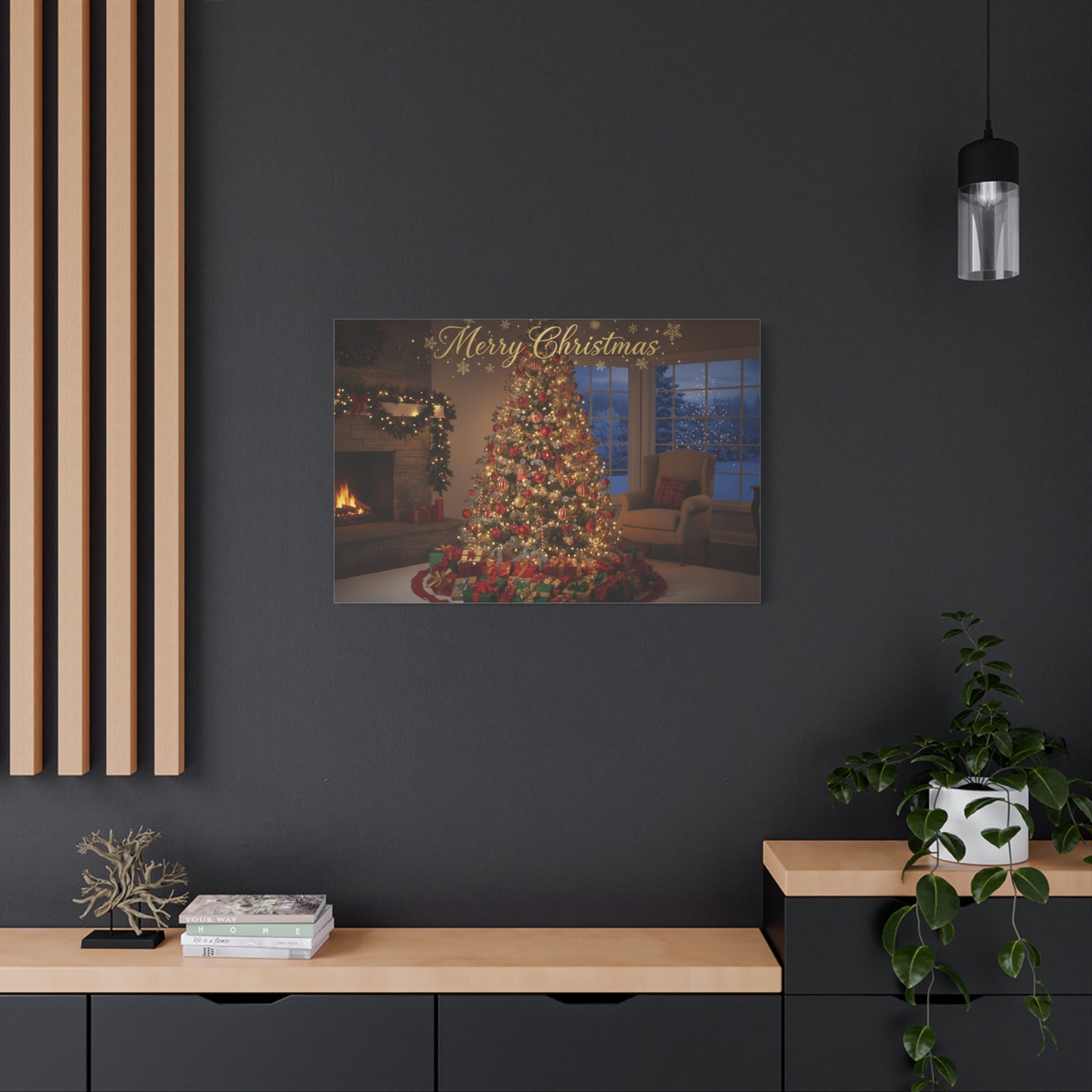 Merry Christmas Holiday Canvas Wall Art — Festive Living Room Christmas Tree Print