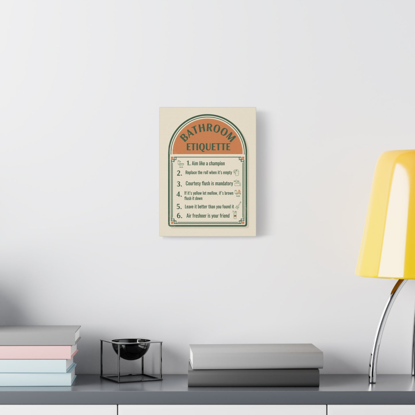 Bathroom Etiquette Canvas Wall Art – Retro Rules Sign for Powder Room