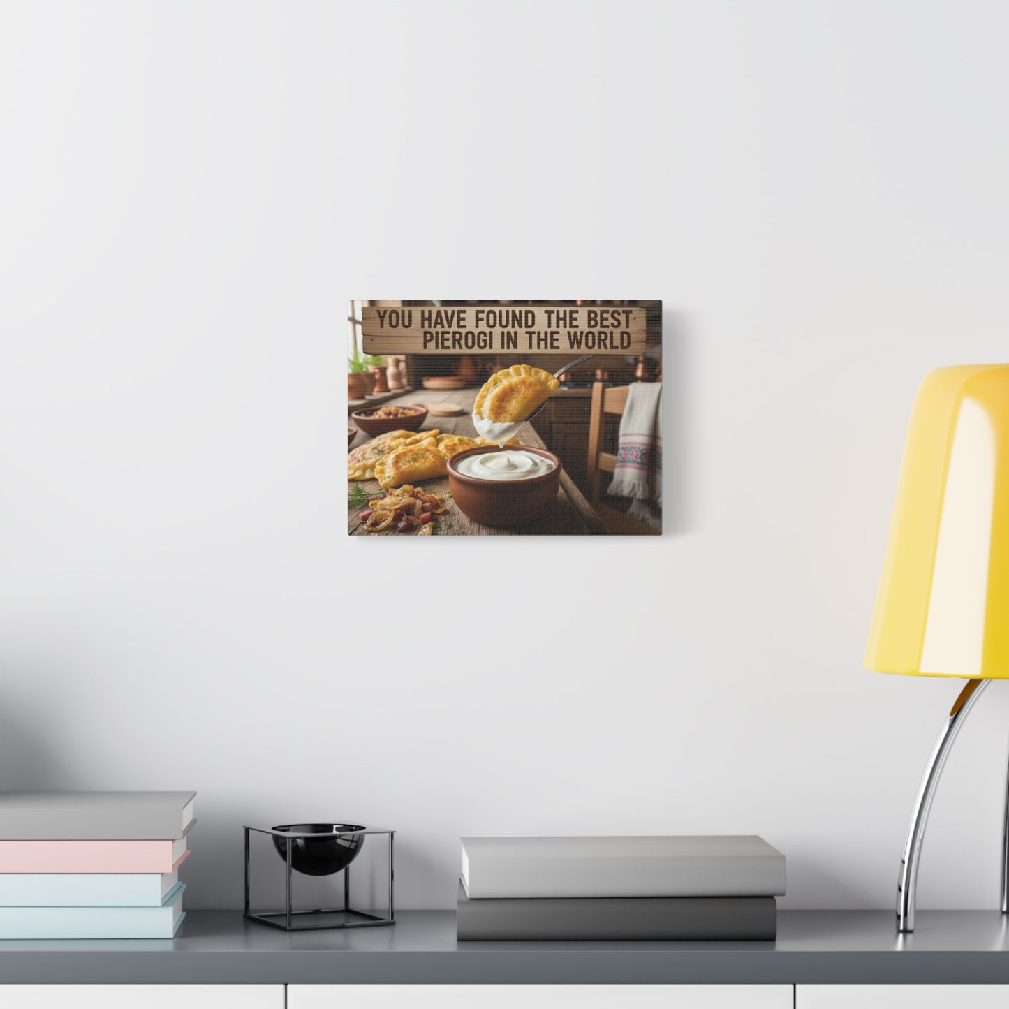 Pierogi Kitchen Canvas Wall Art — Rustic Food Canvas with Sour Cream Dip