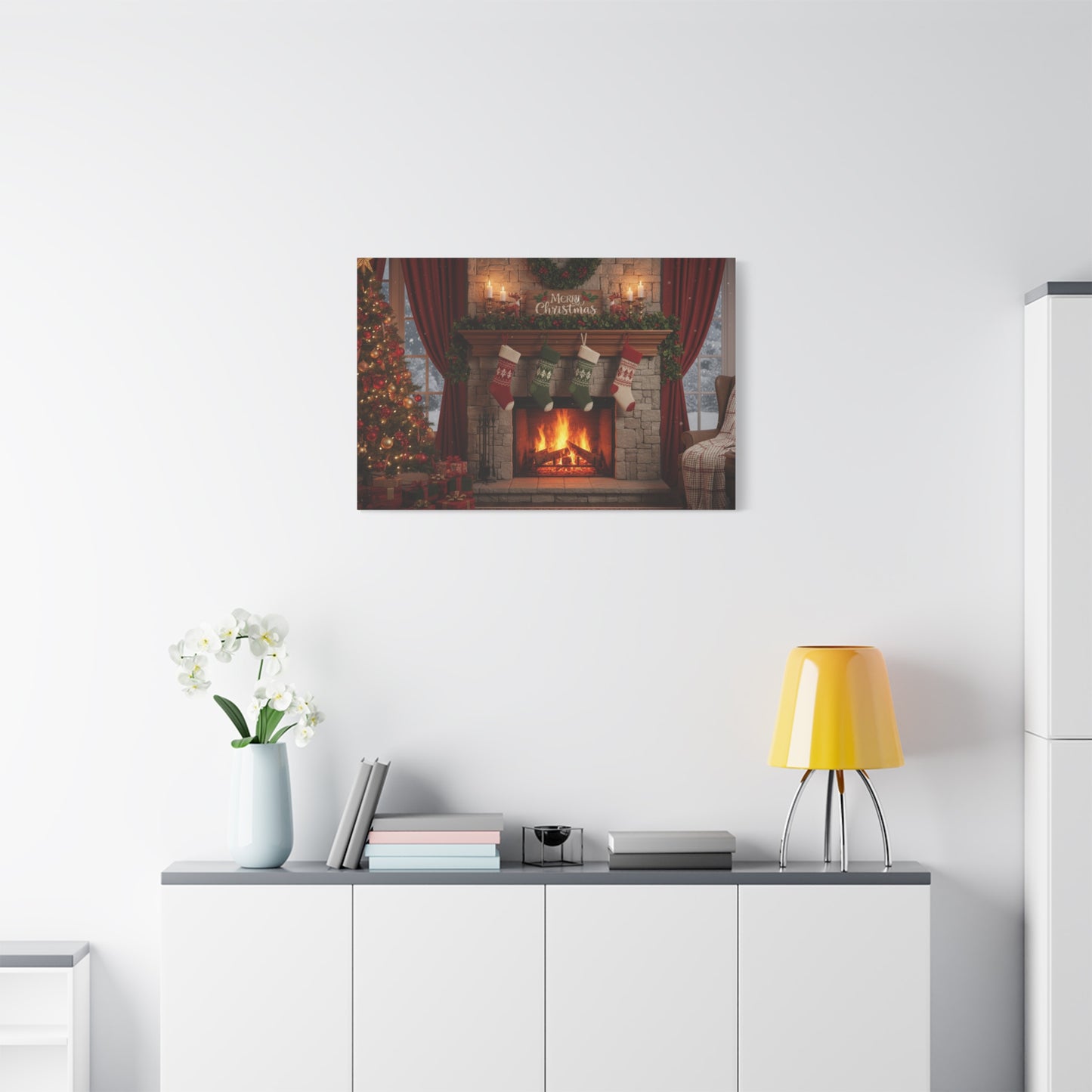 Christmas Fireplace Canvas Wall Art — 'Merry Christmas' Holiday Mantel Scene