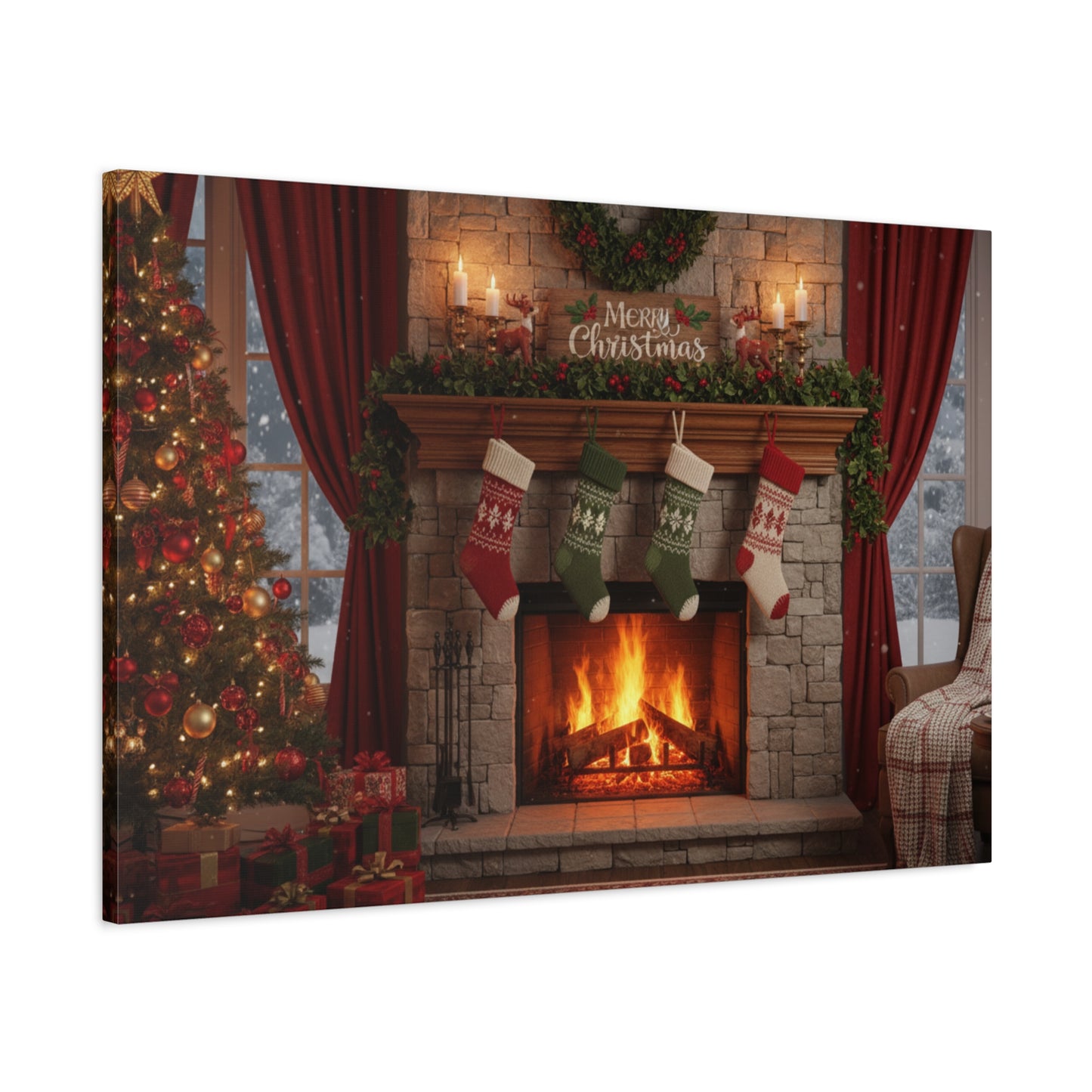 Christmas Fireplace Canvas Wall Art — 'Merry Christmas' Holiday Mantel Scene