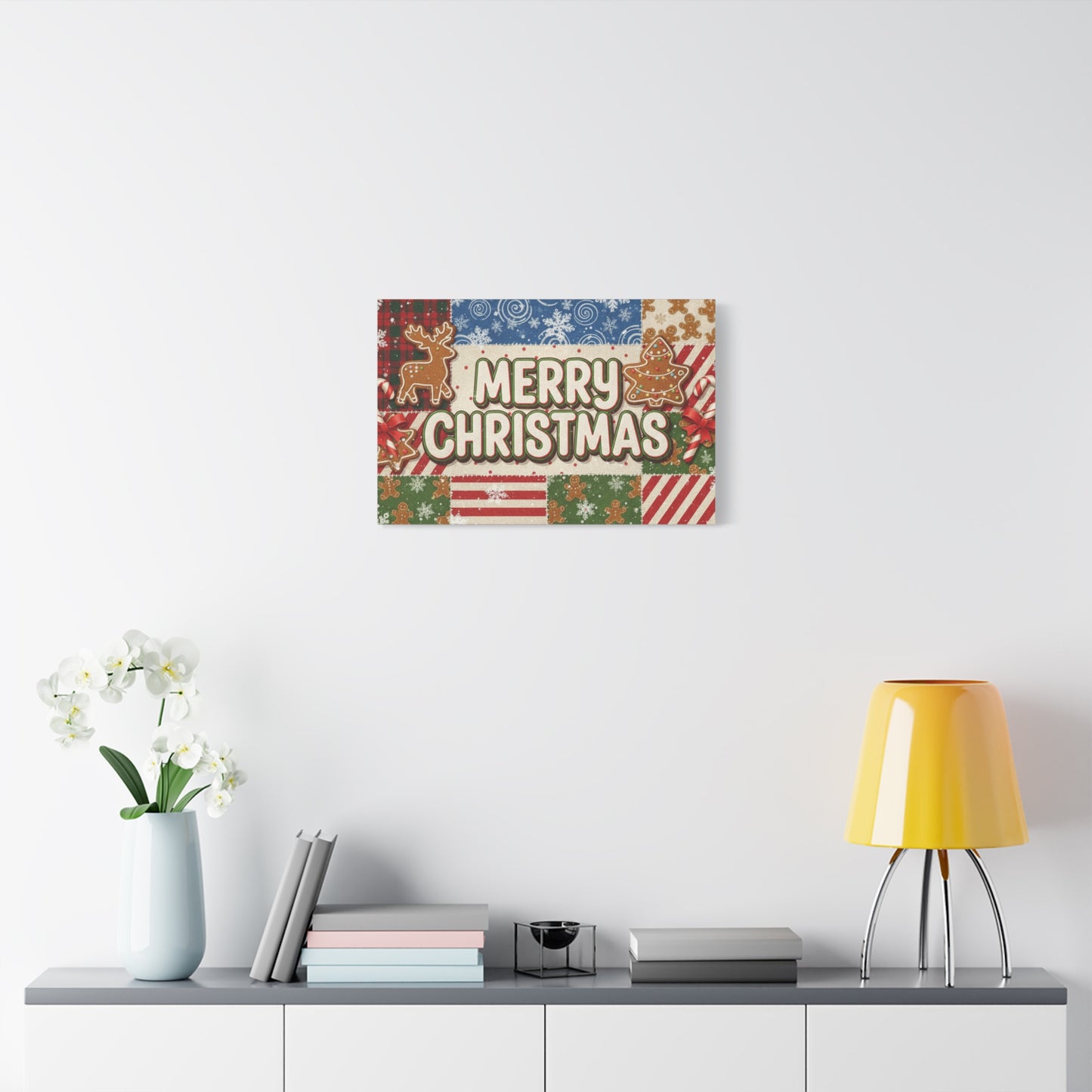 Merry Christmas Holiday Patchwork Canvas Wall Art — Festive Gingerbread & Reindeer