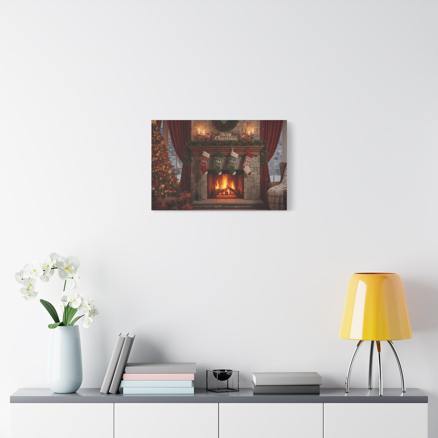 Christmas Fireplace Canvas Wall Art — 'Merry Christmas' Holiday Mantel Scene