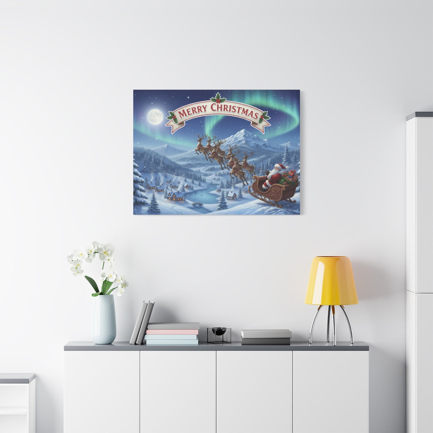 Merry Christmas Canvas Wall Art — Santa Sleigh over Snowy Village