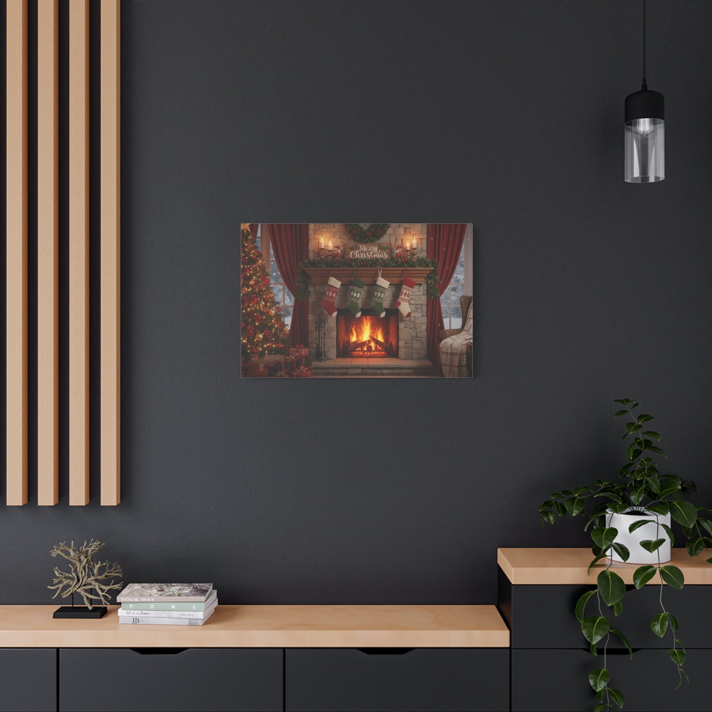 Christmas Fireplace Canvas Wall Art — 'Merry Christmas' Holiday Mantel Scene