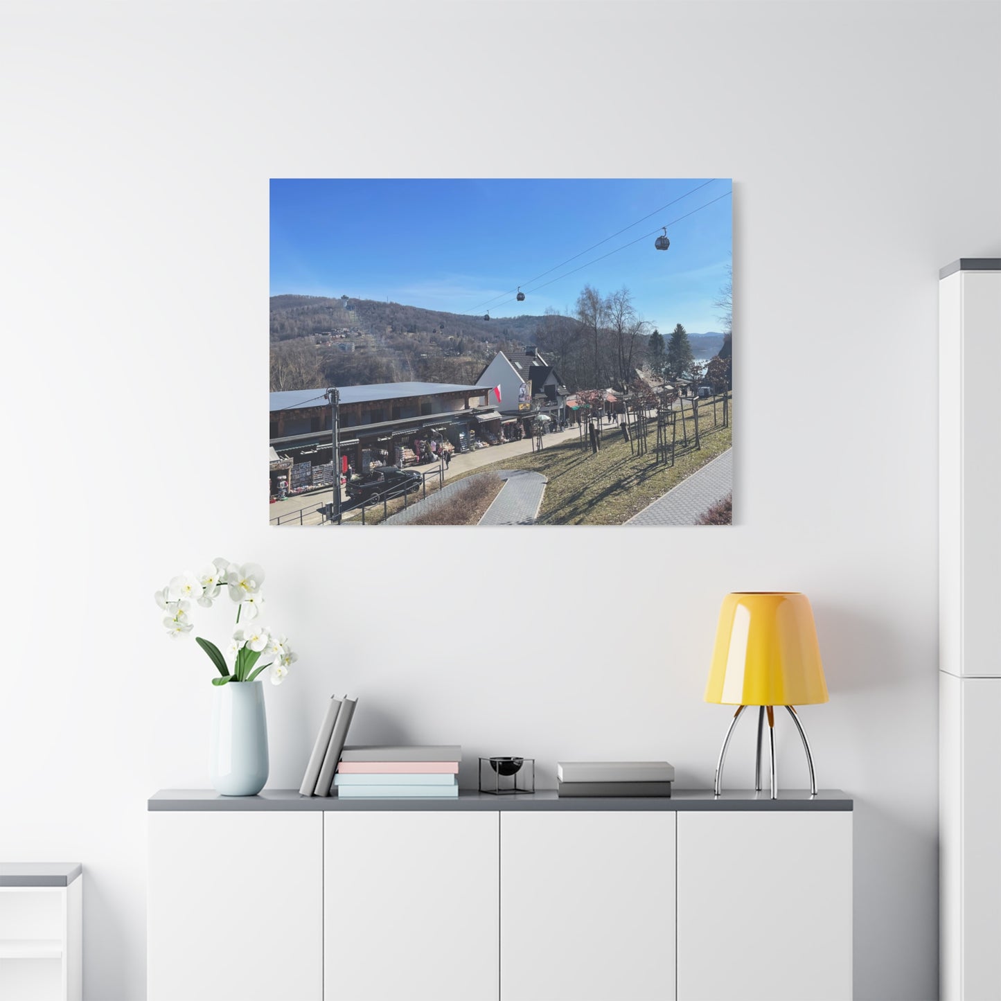 Resort Gondola Matte Canvas Wall Art — Mountain Village Landscape Print