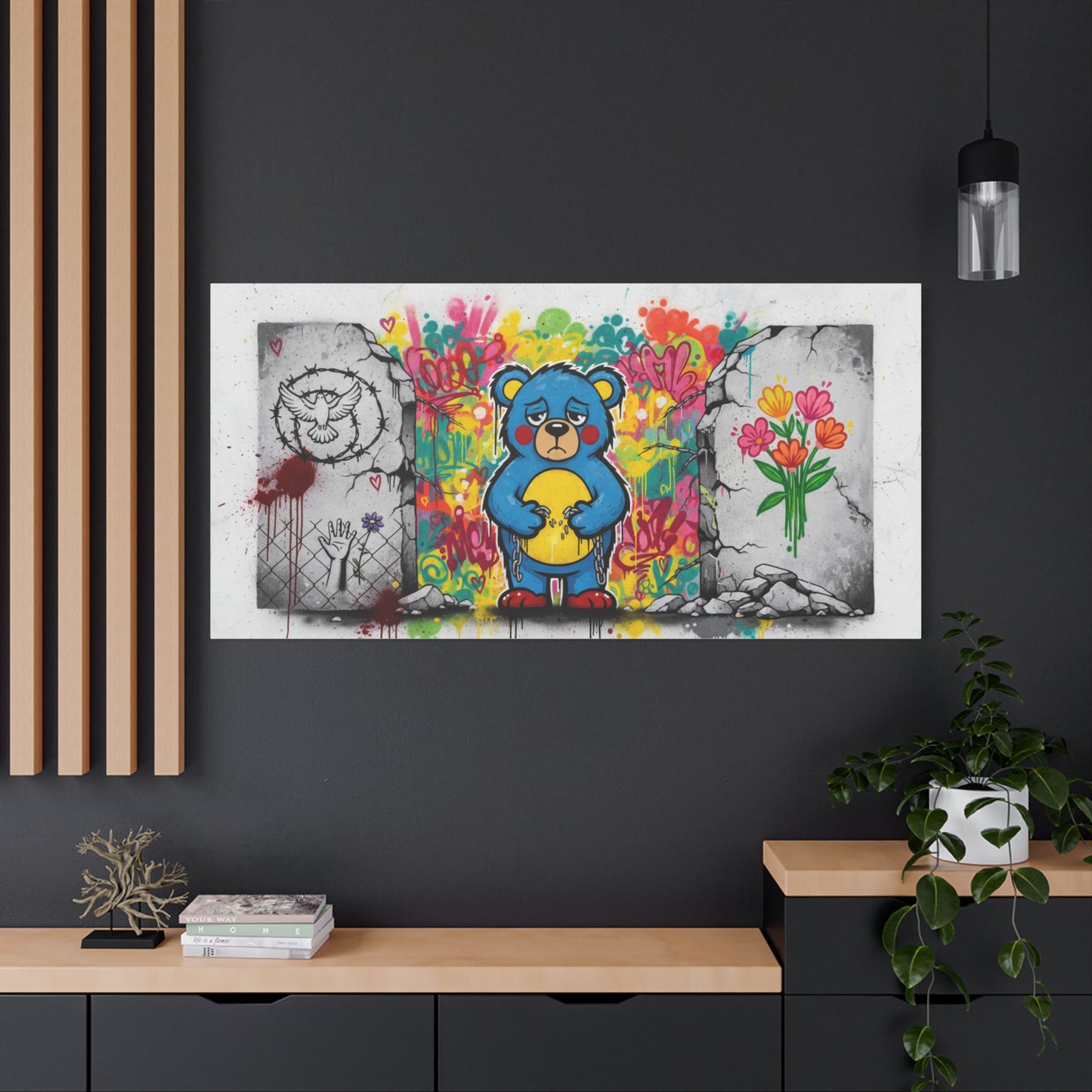 Graffiti Blue Bear Matte Canvas Print — Urban Street Art Wall Decor