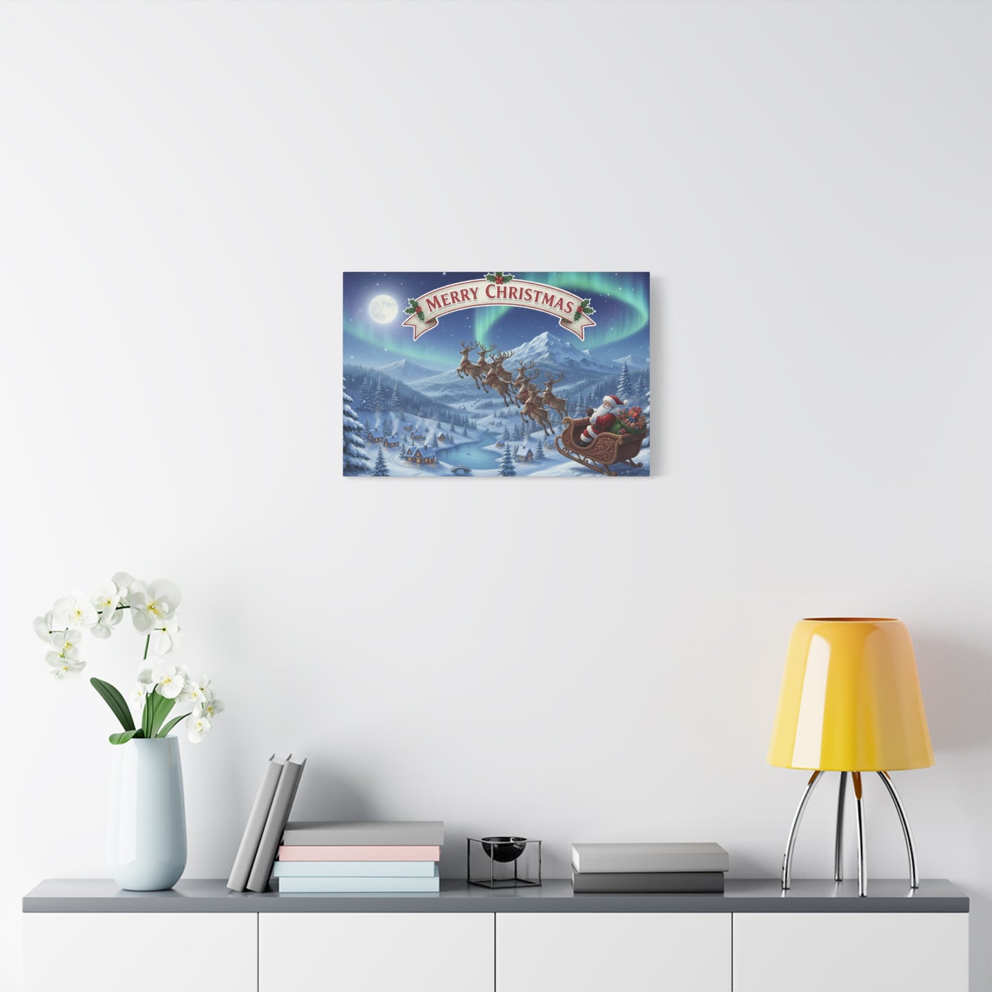 Merry Christmas Canvas Wall Art — Santa Sleigh over Snowy Village