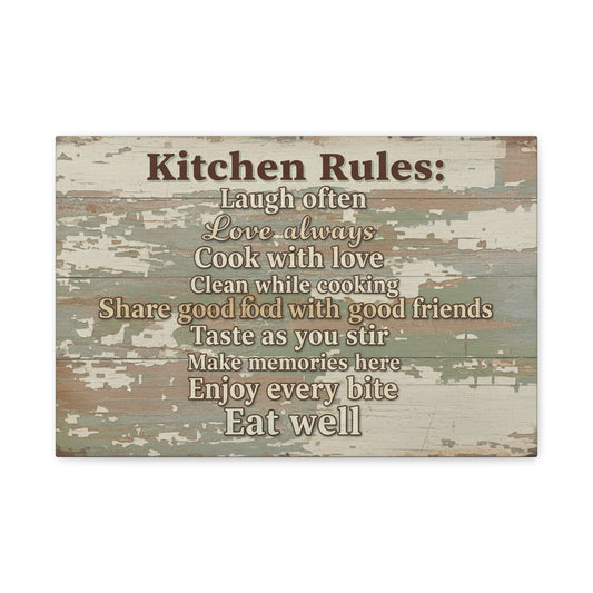 Kitchen Rules Canvas Wall Art – Rustic Farmhouse Kitchen Sign with Inspirational Cooking Quotes