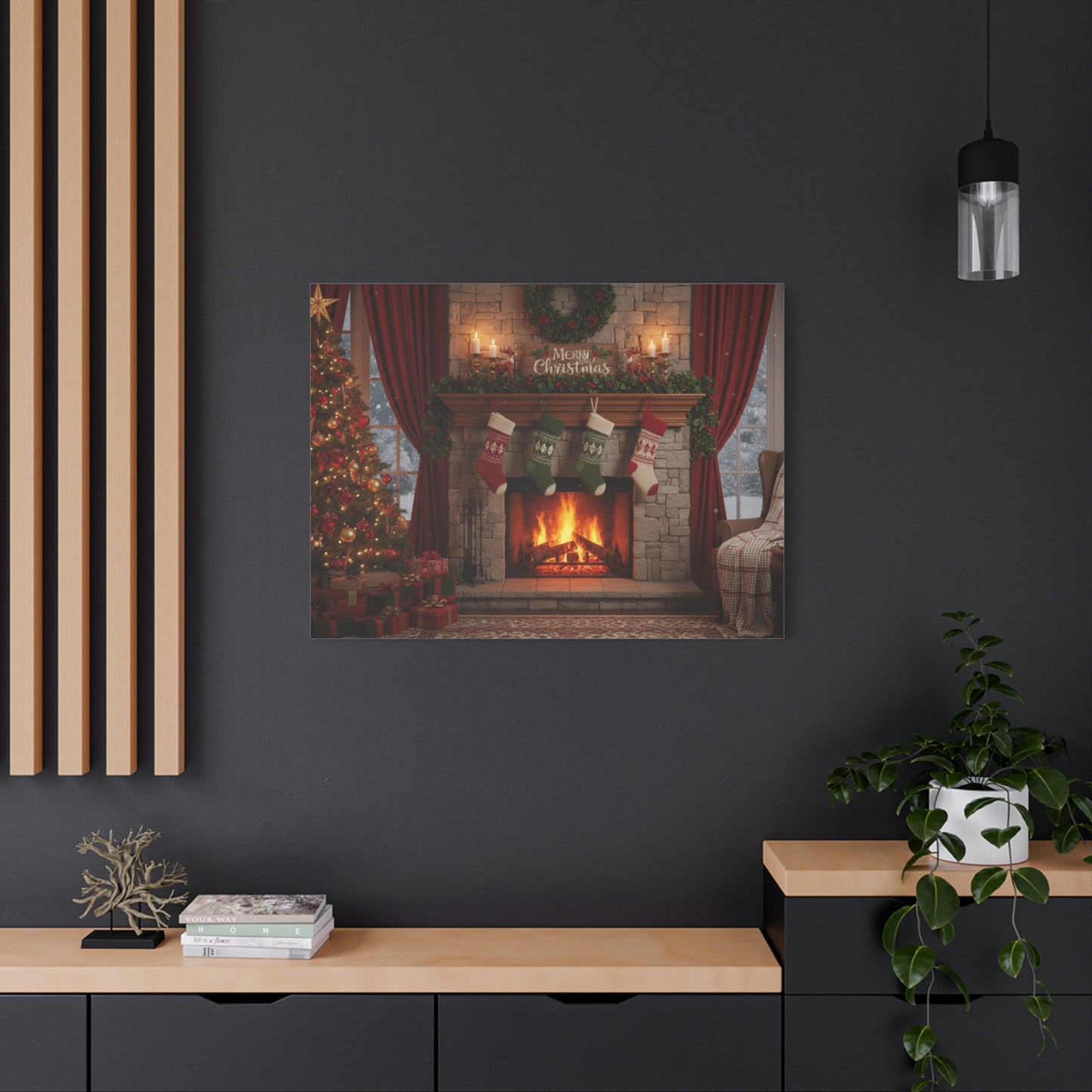 Christmas Fireplace Canvas Wall Art — 'Merry Christmas' Holiday Mantel Scene