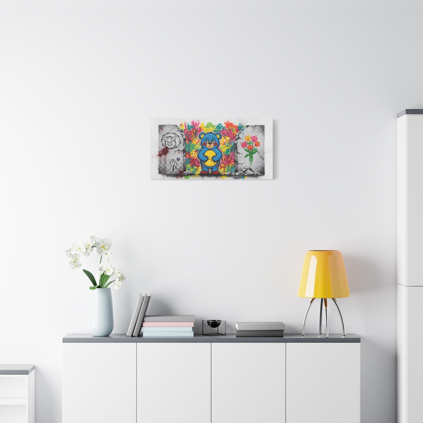 Graffiti Blue Bear Matte Canvas Print — Urban Street Art Wall Decor