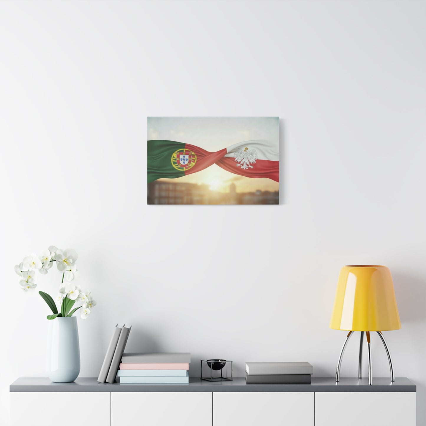 Portugal & Poland Flags Canvas Wall Art — Dual-Nation Sunset Matte Canvas