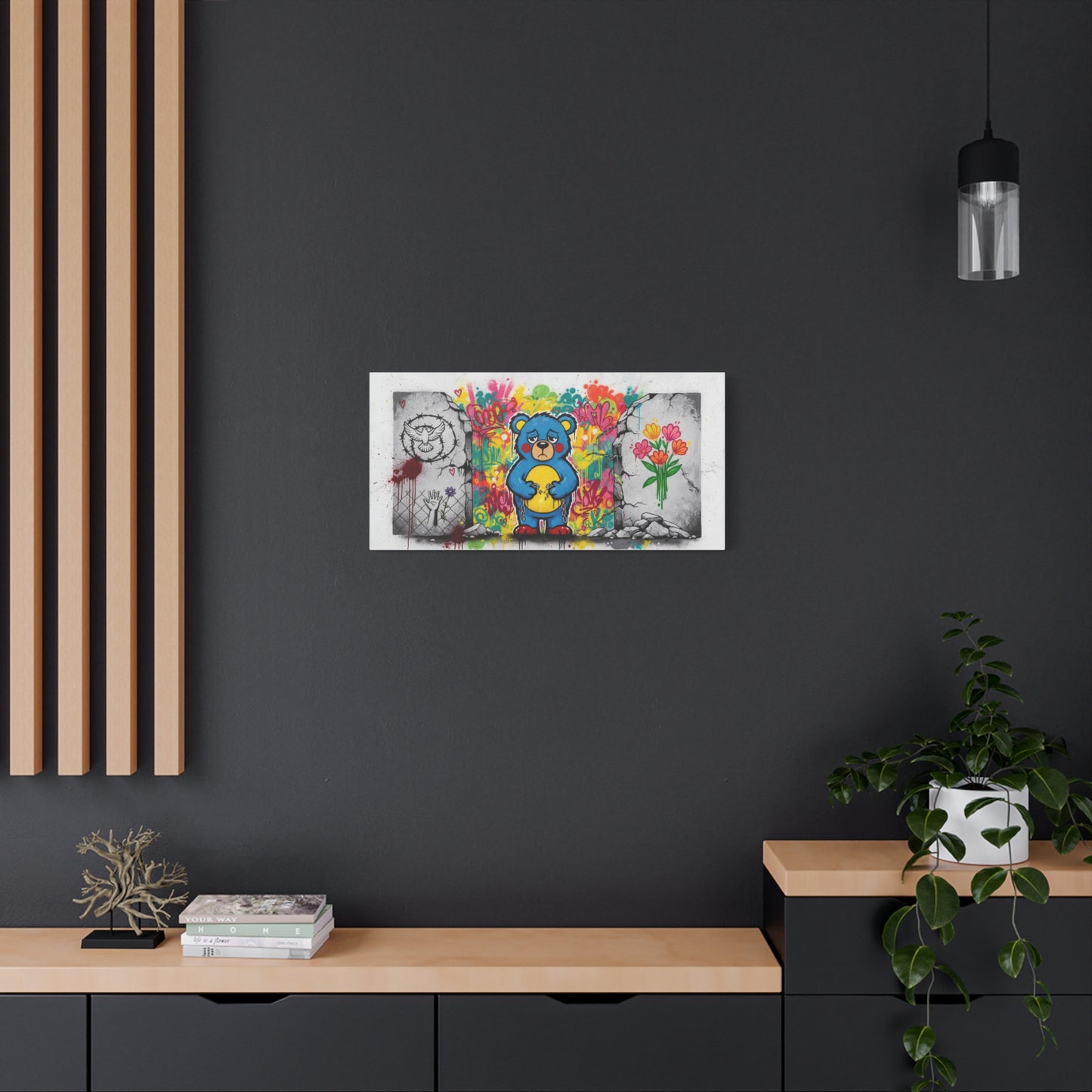 Graffiti Blue Bear Matte Canvas Print — Urban Street Art Wall Decor