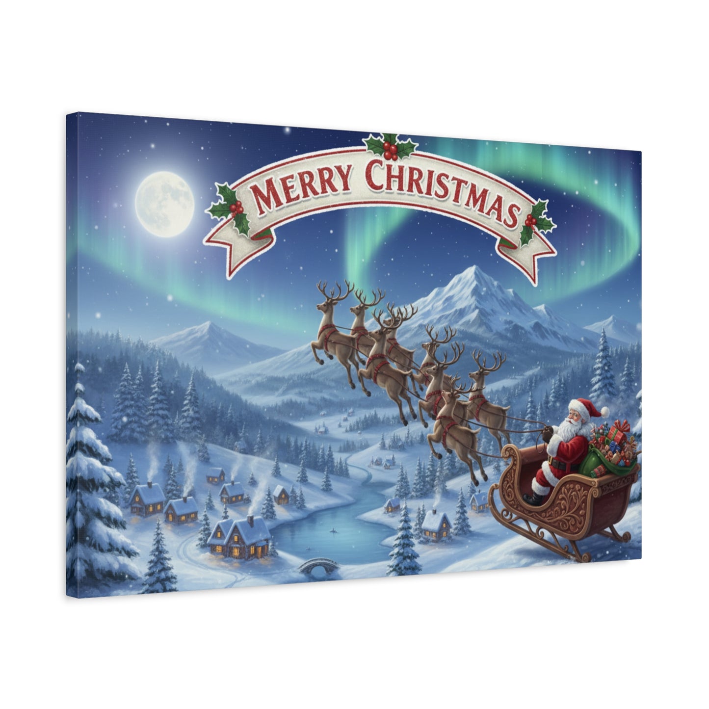 Merry Christmas Canvas Wall Art — Santa Sleigh over Snowy Village