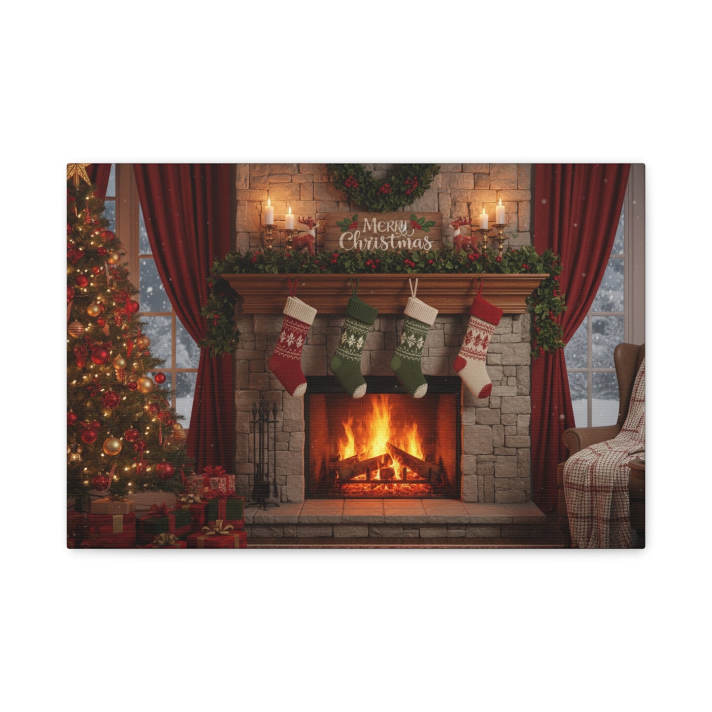 Christmas Fireplace Canvas Wall Art — 'Merry Christmas' Holiday Mantel Scene