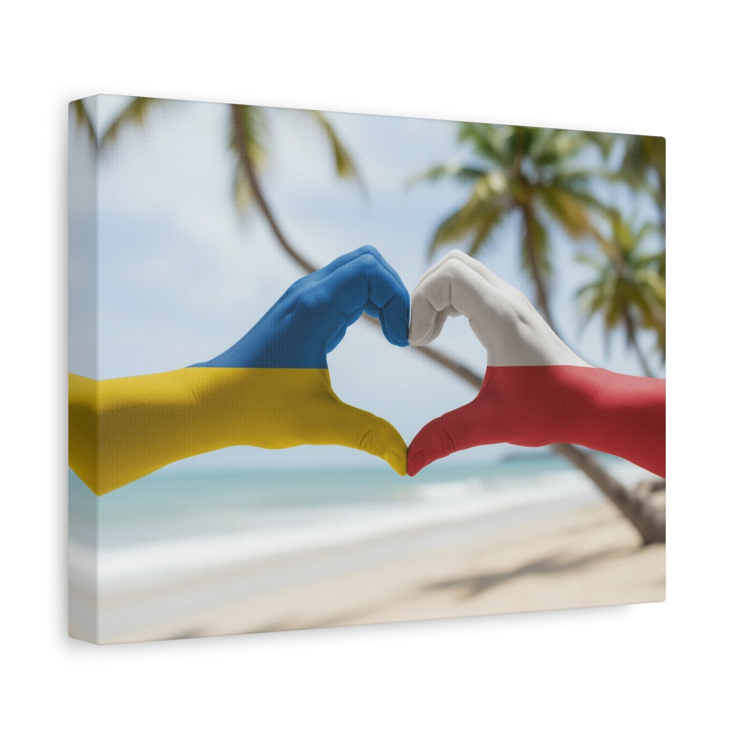 Ukrainian & Polish Heart Stretched Canvas Wall Art — Hands Forming Heart Painted with Bahamas & Poland Flags (Matte)