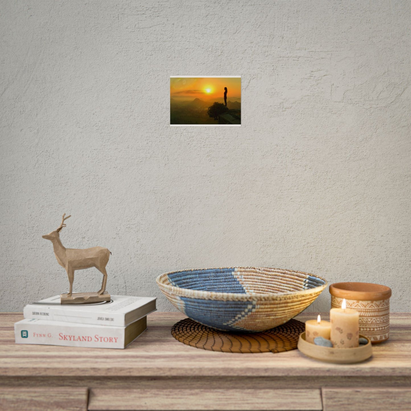Sunrise Peak Silhouette Rolled Poster — Woman on Mountain Sunrise Wall Art