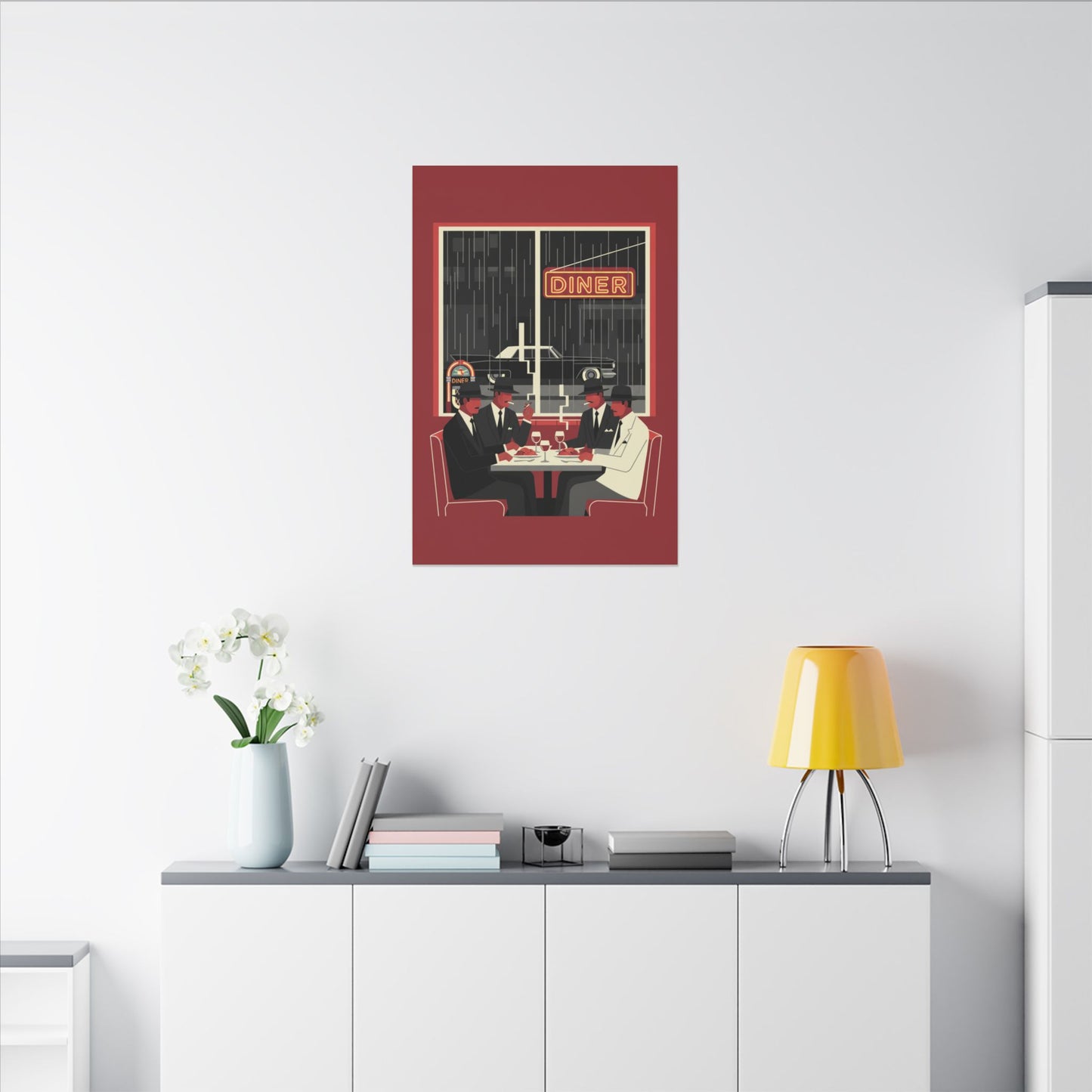 Retro Diner Canvas Print Vintage Rainy Night Illustration