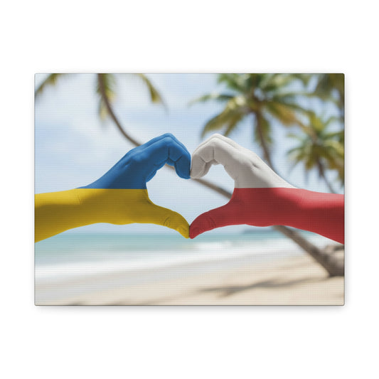 Ukrainian & Polish Heart Stretched Canvas Wall Art — Hands Forming Heart Painted with Bahamas & Poland Flags (Matte)