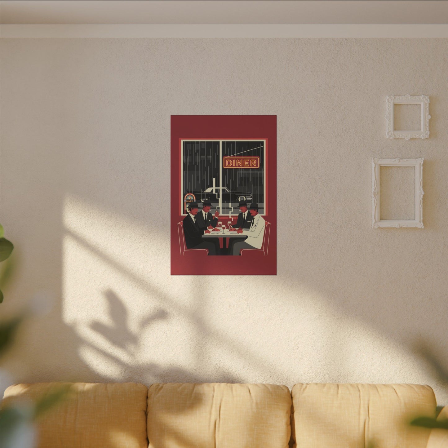 Retro Diner Canvas Print Vintage Rainy Night Illustration