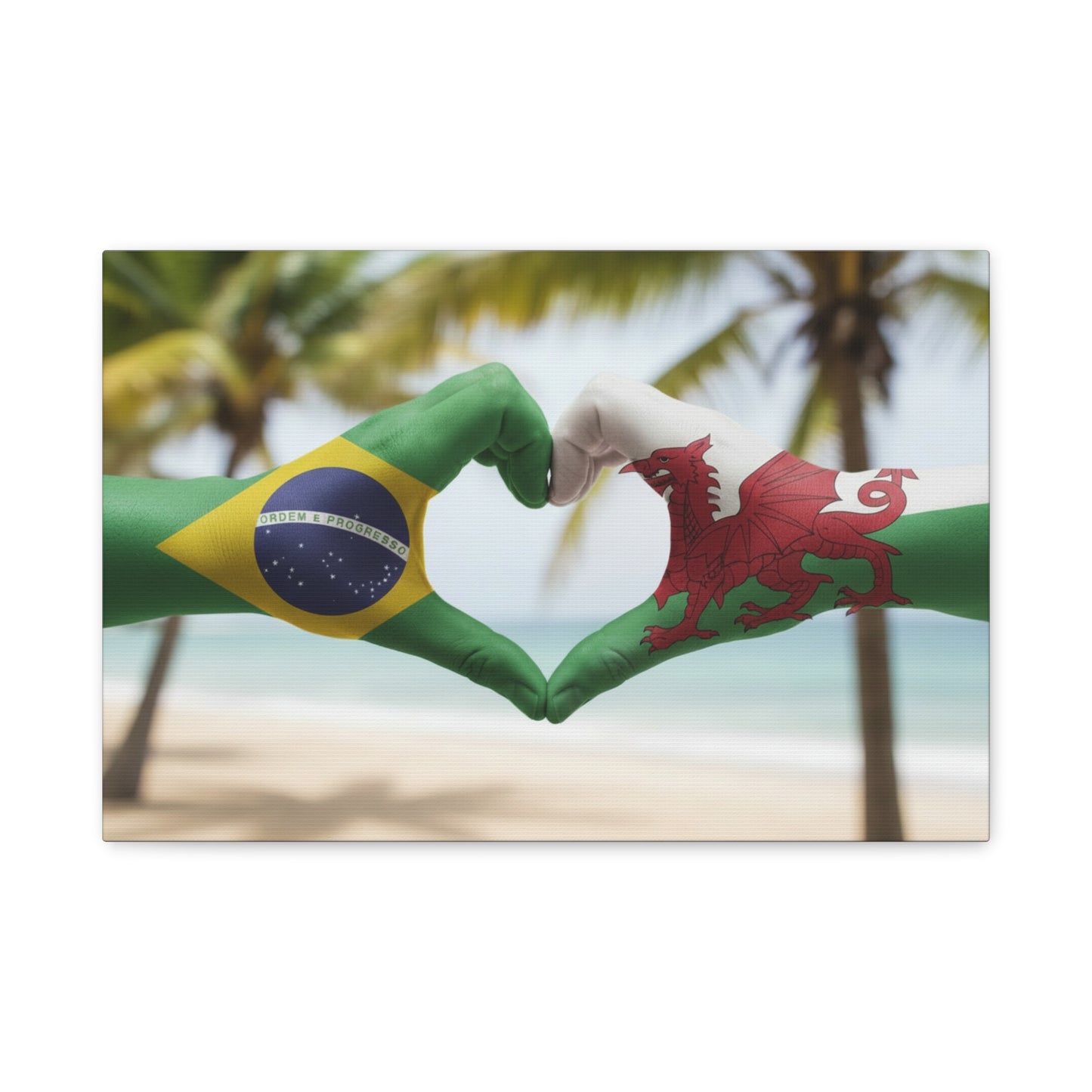 Brazil & Wales Flag Heart Matte Canvas Wall Art — Romantic Beach Pride Decor