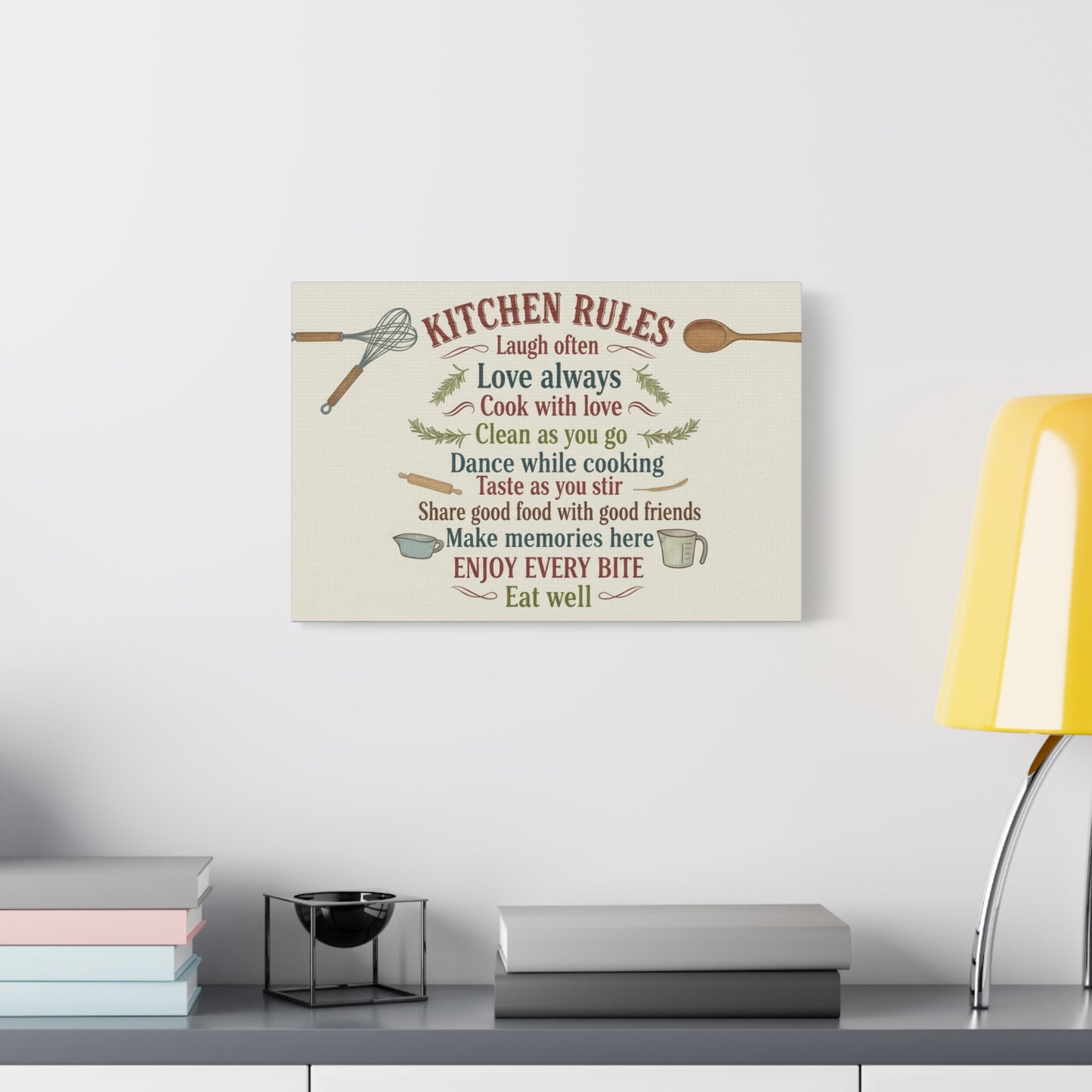 Kitchen Rules Canvas Wall Art — "Cook with Love" Inspirational Kitchen Sign