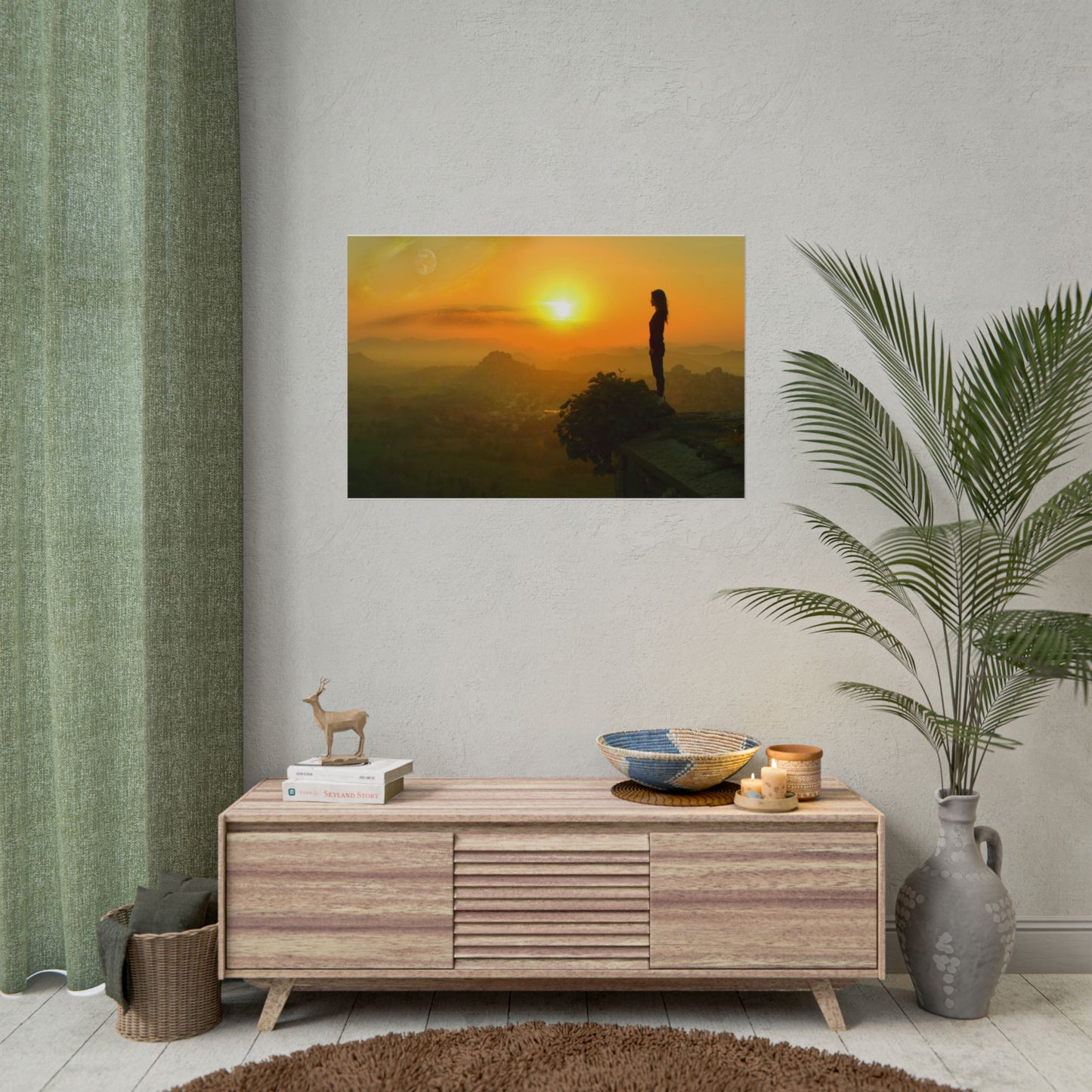 Sunrise Peak Silhouette Rolled Poster — Woman on Mountain Sunrise Wall Art