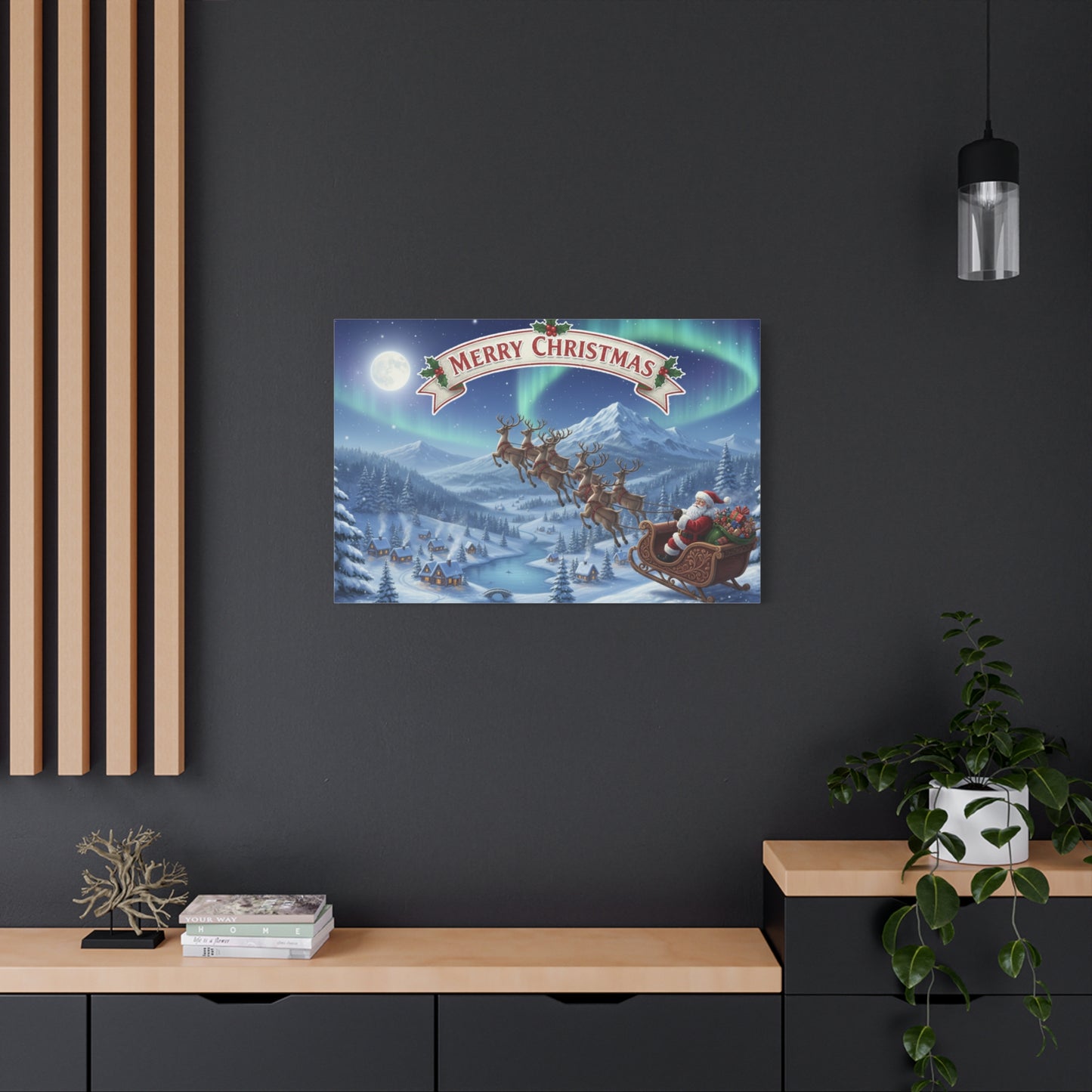 Merry Christmas Canvas Wall Art — Santa Sleigh over Snowy Village