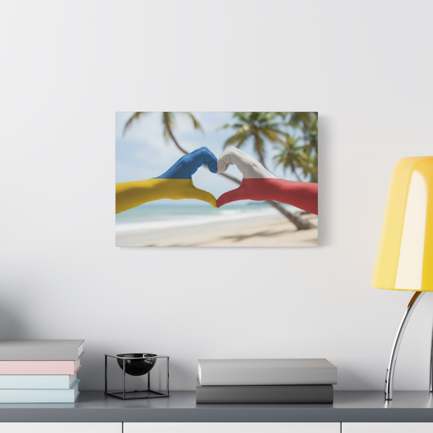 Ukrainian & Polish Heart Stretched Canvas Wall Art — Hands Forming Heart Painted with Bahamas & Poland Flags (Matte)