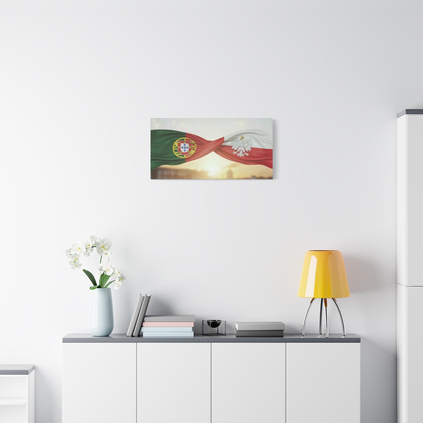 Portugal & Poland Flags Canvas Wall Art — Dual-Nation Sunset Matte Canvas