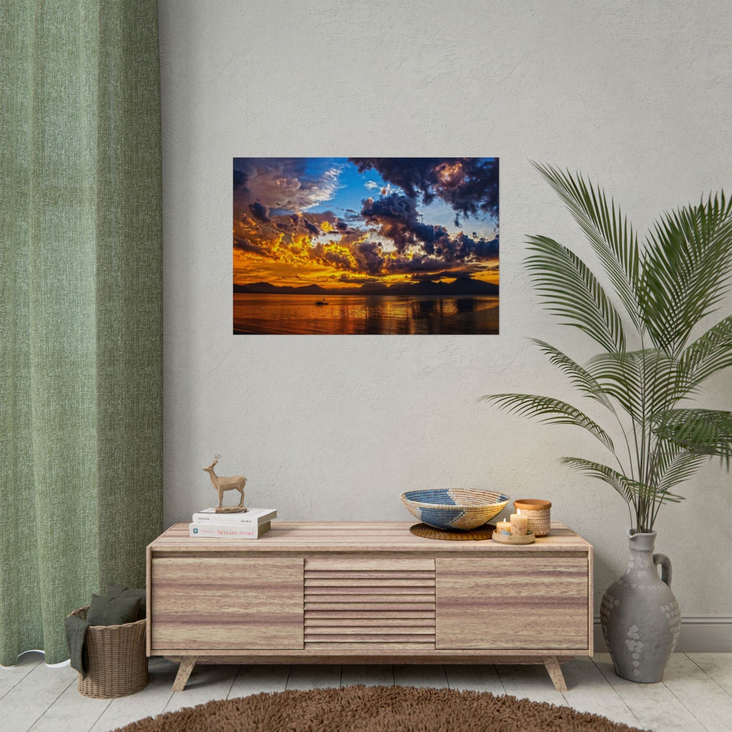 Sunset Over Lake Rolled Poster — Dramatic Golden Sky Photography Wall Art