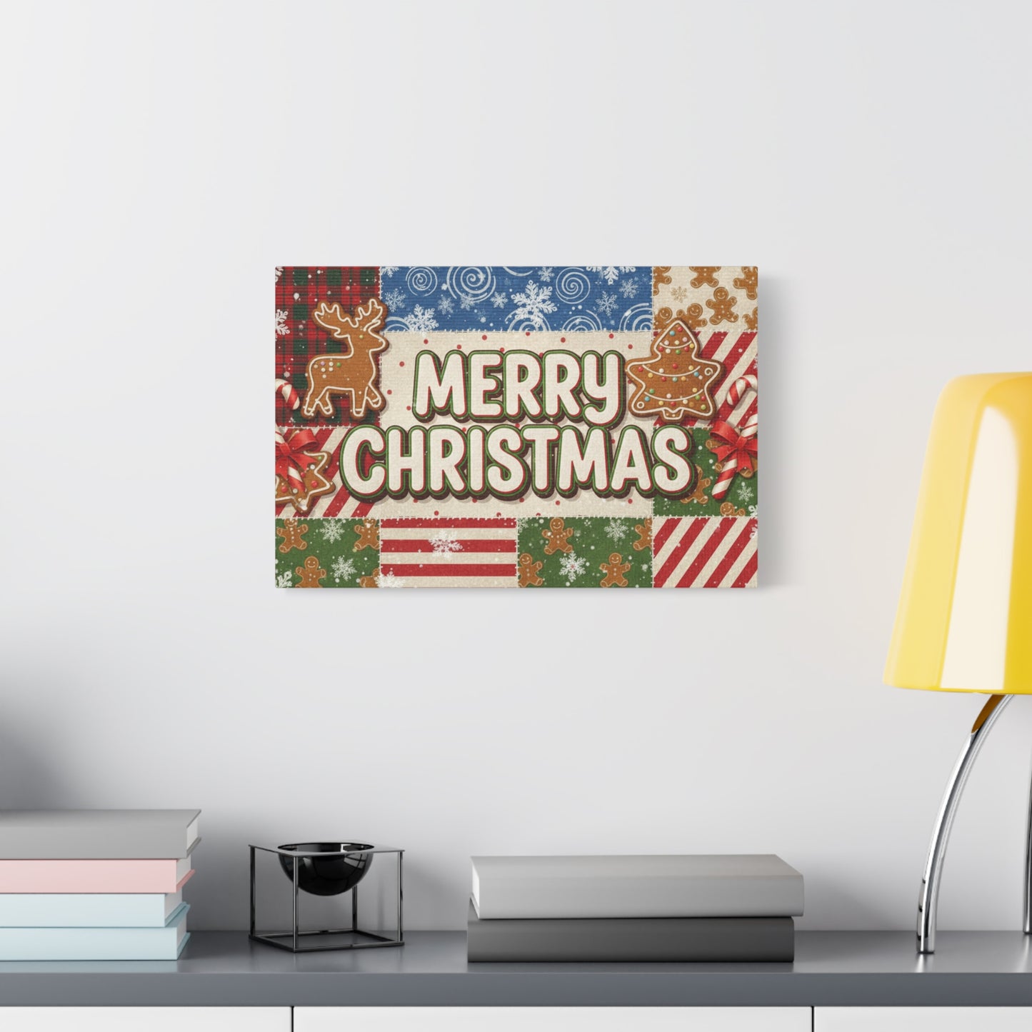 Merry Christmas Holiday Patchwork Canvas Wall Art — Festive Gingerbread & Reindeer