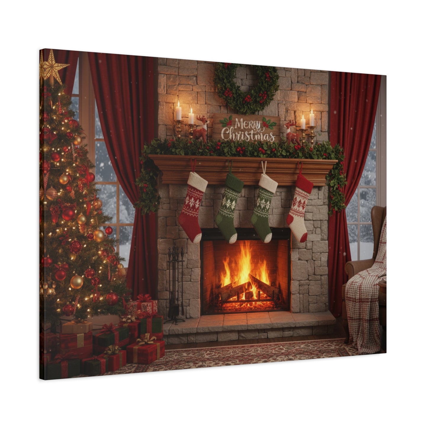 Christmas Fireplace Canvas Wall Art — 'Merry Christmas' Holiday Mantel Scene